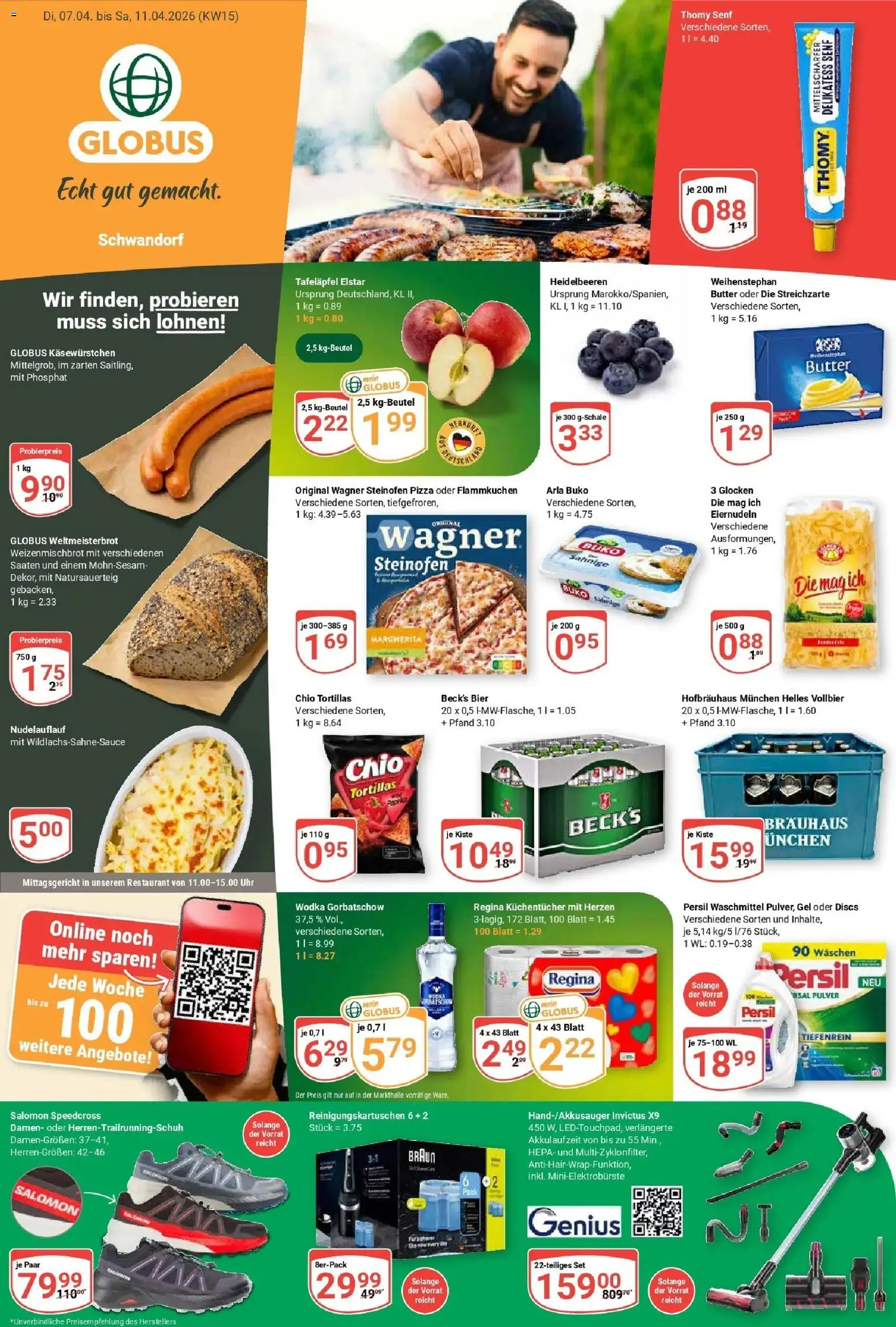 Vorschau von dem Prospekt des Geschäftes Globus, gültig ab dem 07.04.2026 - Pizza, Uhr, Tortillas, Waschmittel, Wodka gorbatschow, Persil, Chio tortillas, Arla buko