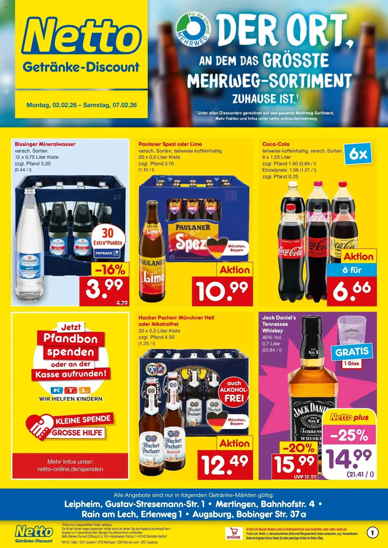 Vorschau von dem Prospekt des Geschäftes Netto Marken-Discount, gültig ab dem 02.02.2026 - Coca cola, Cola, Mineralwasser, Alkohol, Paulaner spezi, Whiskey, Paulaner, Jack Daniel's