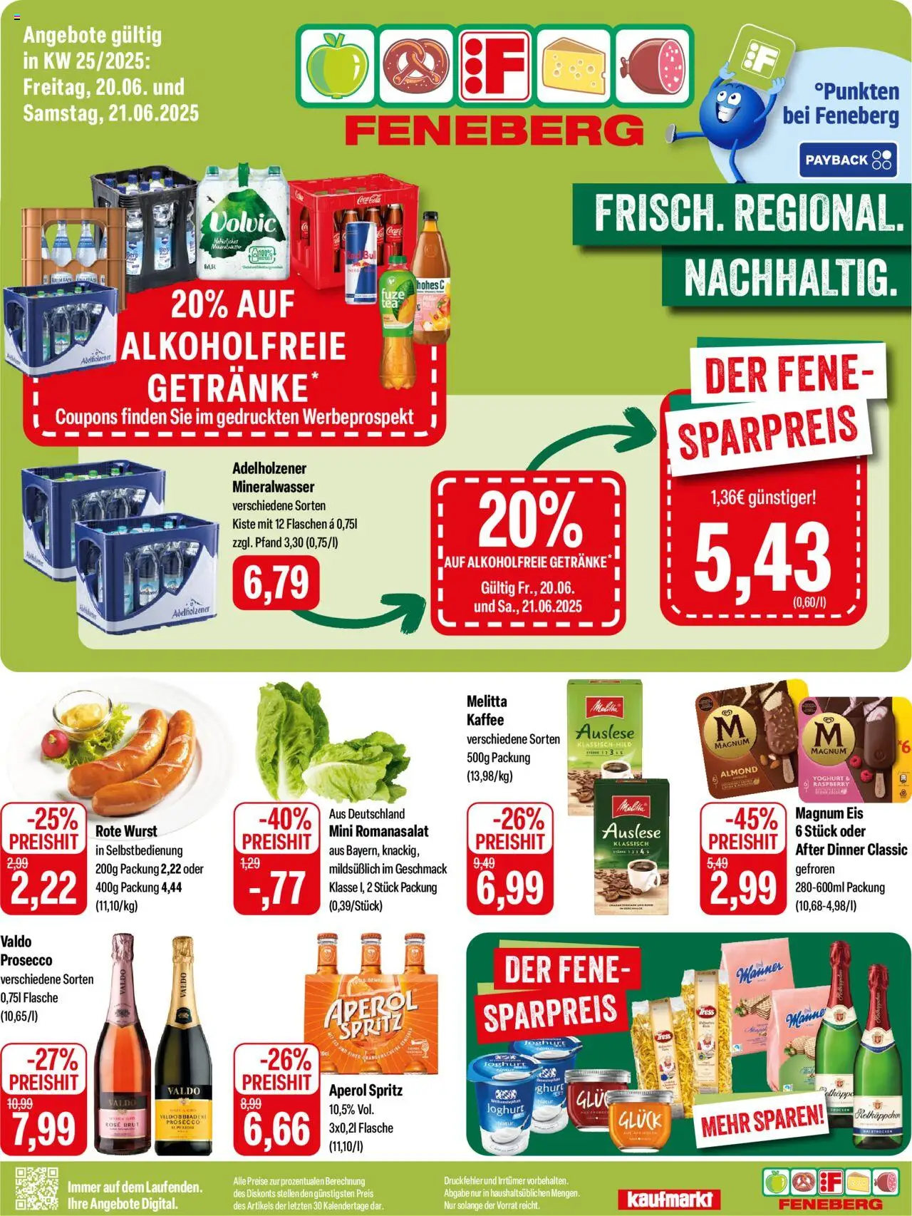 Feneberg Angebote (vom 20.06.2025 - 21.06.2025) - Eis, Coca cola, Aperol, Joghurt, Rotkäppchen, Prosecco, Volvic, Adelholzener