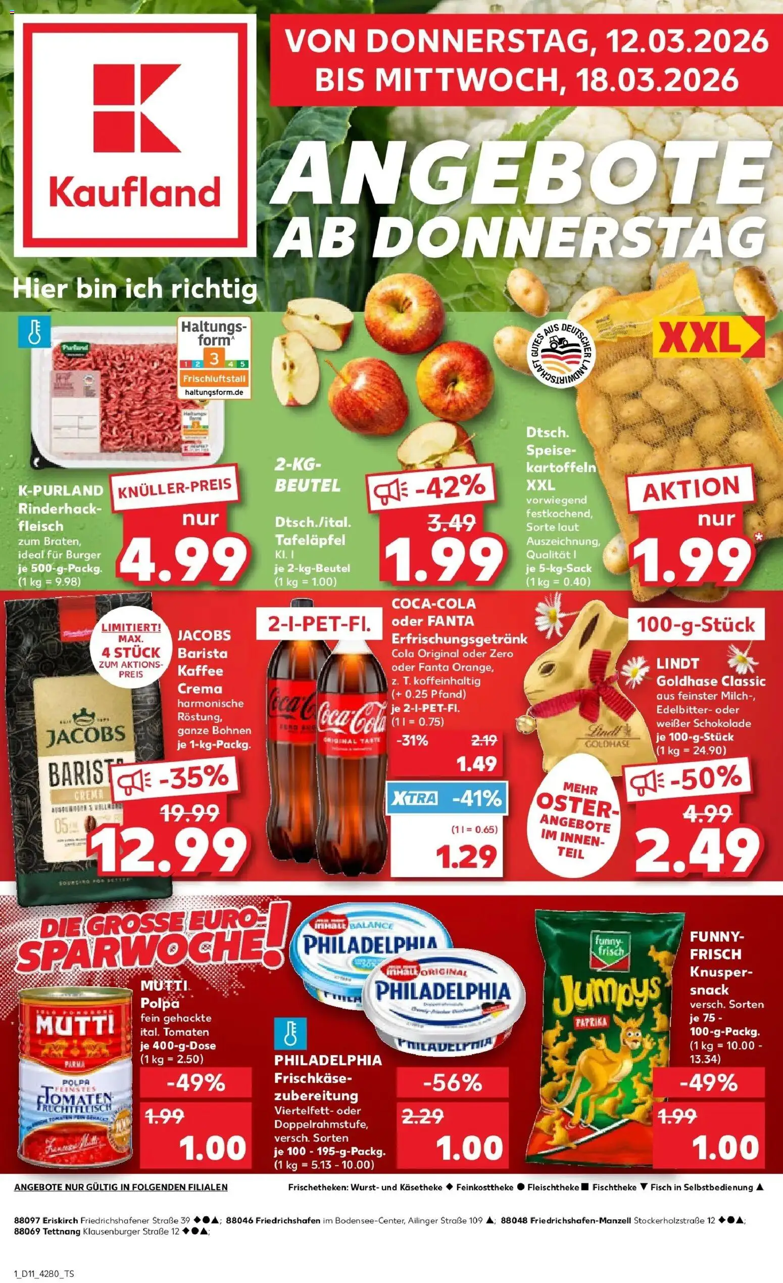 Vorschau von dem Prospekt des Geschäftes Kaufland, gültig ab dem 12.03.2026 - Burger, Schokolade, Lindt, Philadelphia, Milch, Fleisch, Fanta, Frischkase