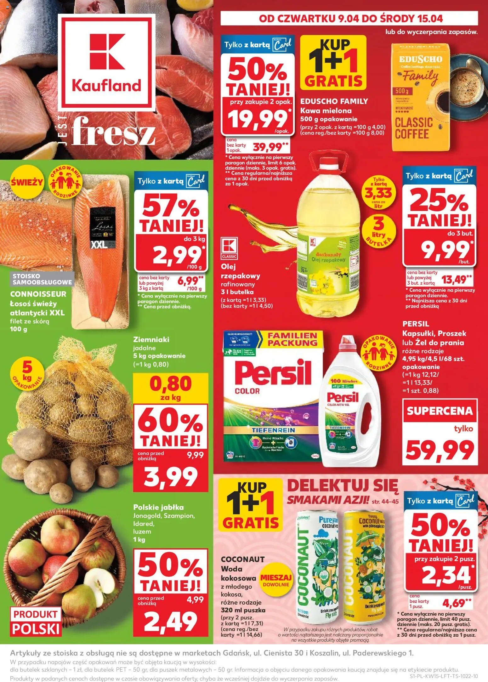 Náhled nabídky: Kaufland Polsko Kaufland Polsko leták platný od 09.04.2026 - Losos, Olej, Karty, Caro, Persil, Jablka, Filet
