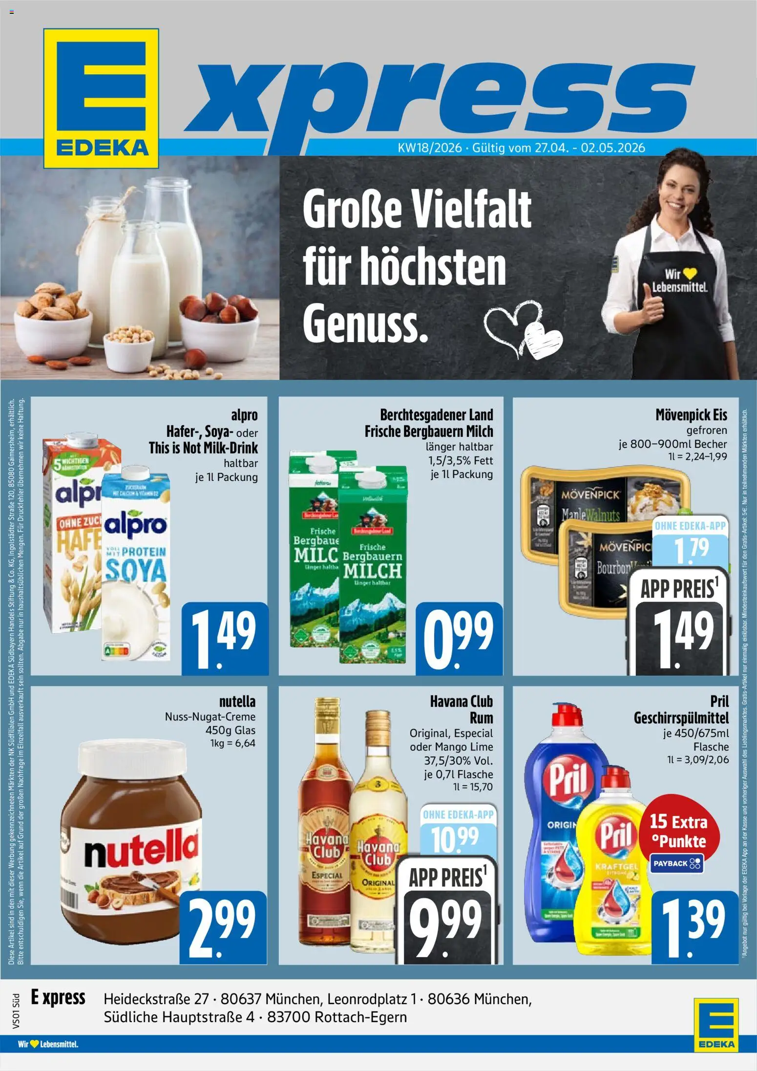 Vorschau von dem Prospekt des Geschäftes E xpress, gültig ab dem 27.04.2026 - Mango, Eis, Nutella, Milch, Havana club, Alpro, Movenpick eis, Pril