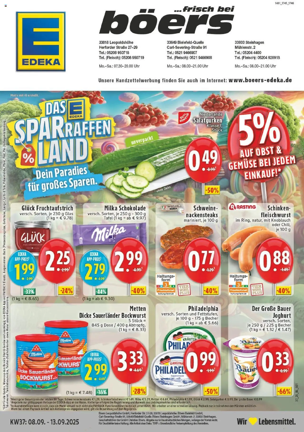 EDEKA Prospekt ab 07.09.2025 - Prospekt Bielefeld Online - Uhr, Steak, Erdbeeren, Philadelphia, Milka schokolade, Obst, Fleisch, Milka