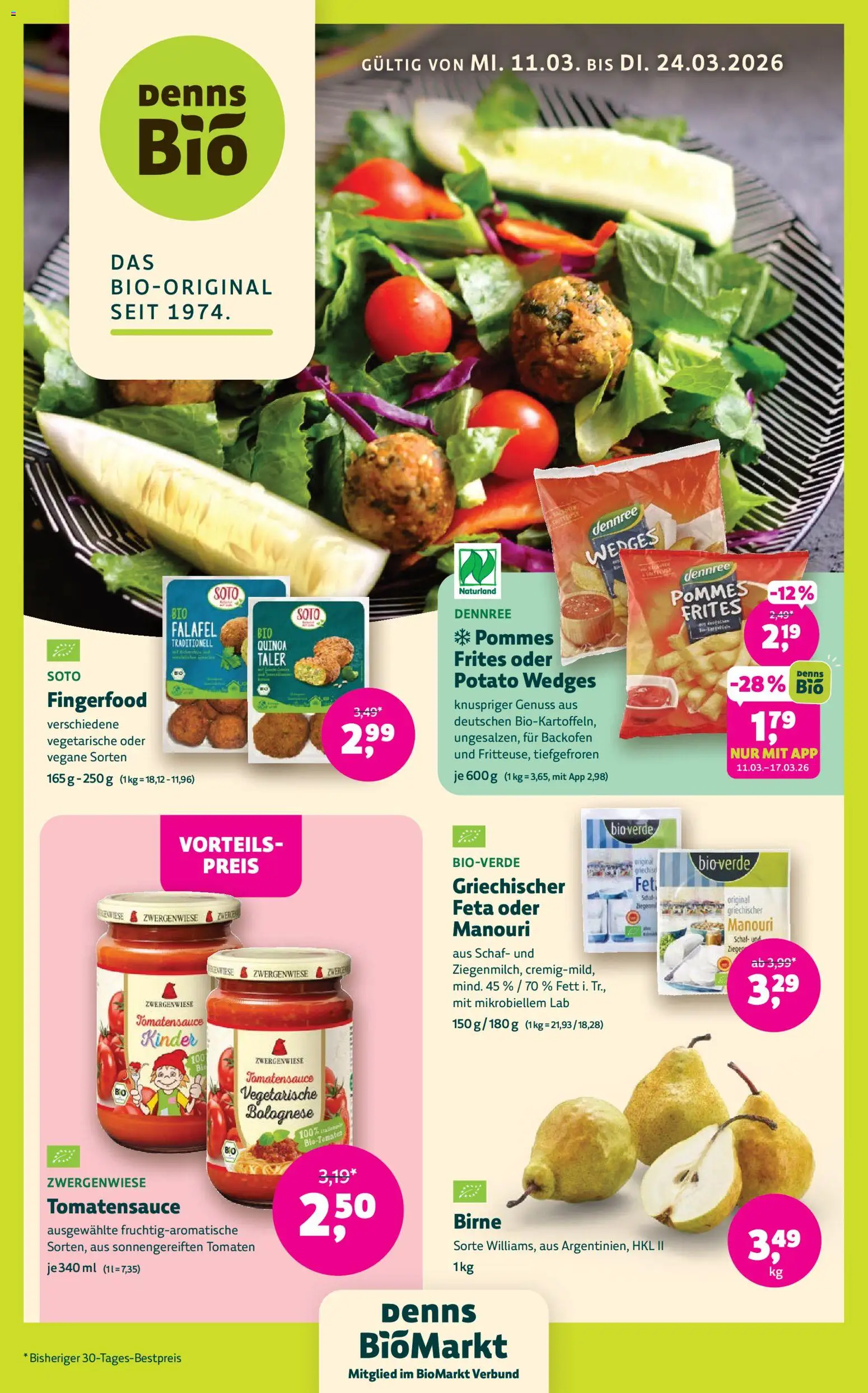 Vorschau von dem Prospekt des Geschäftes BioMarkt, gültig ab dem 11.03.2026 - Pommes, Backofen, Feta, Birne, Tomaten