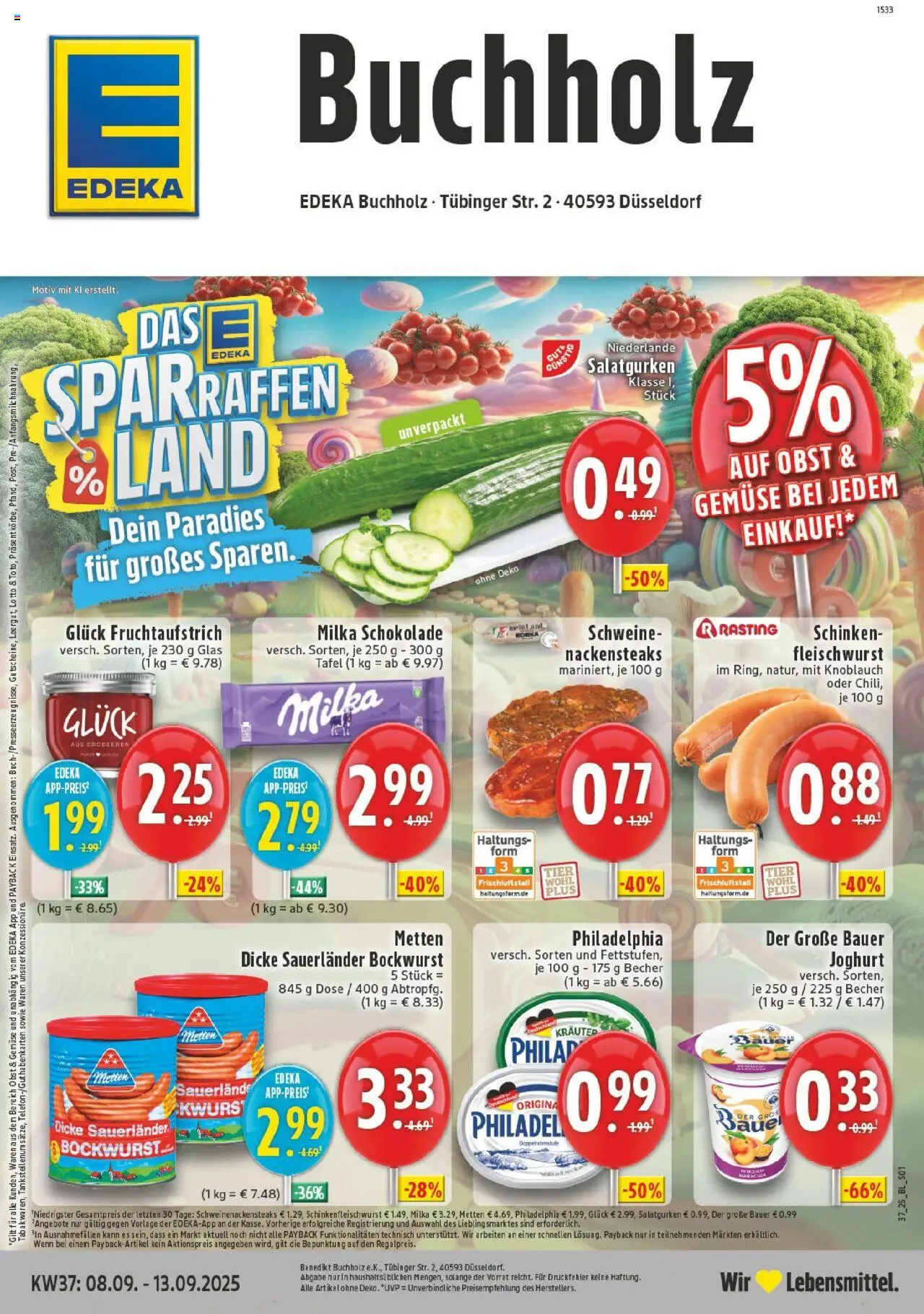 EDEKA Prospekt ab 07.09.2025 - Prospekt Düsseldorf Online - Steak, Gemüse, Milka schokolade, Milka, Knoblauch, Bockwurst, Bauer joghurt, Dicke sauerlander bockwurst