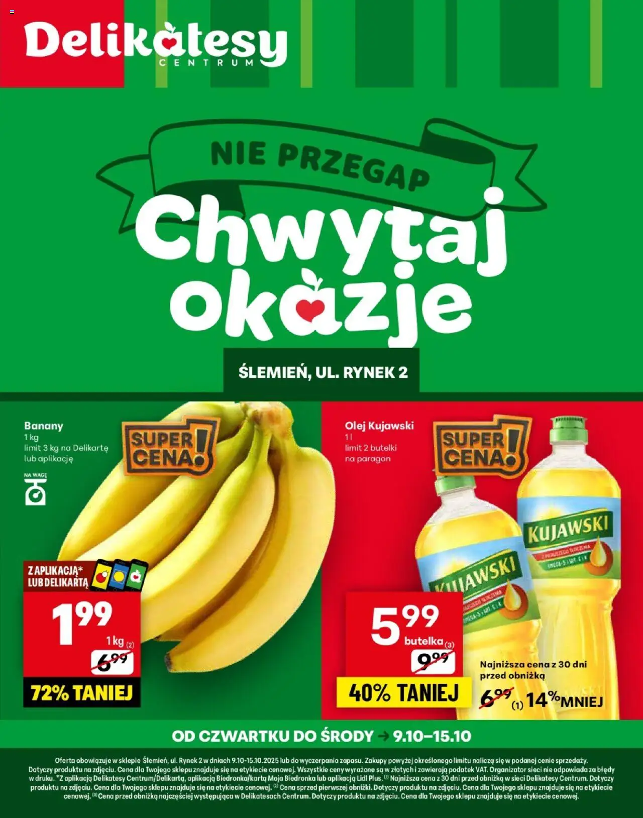 Pogląd gazetki "Ślemień Otwarcie" ze sklepu Delikatesy Centrum ważnej od 09.10.2025 - Delikatesy, Olej, Olej kujawski, Banany