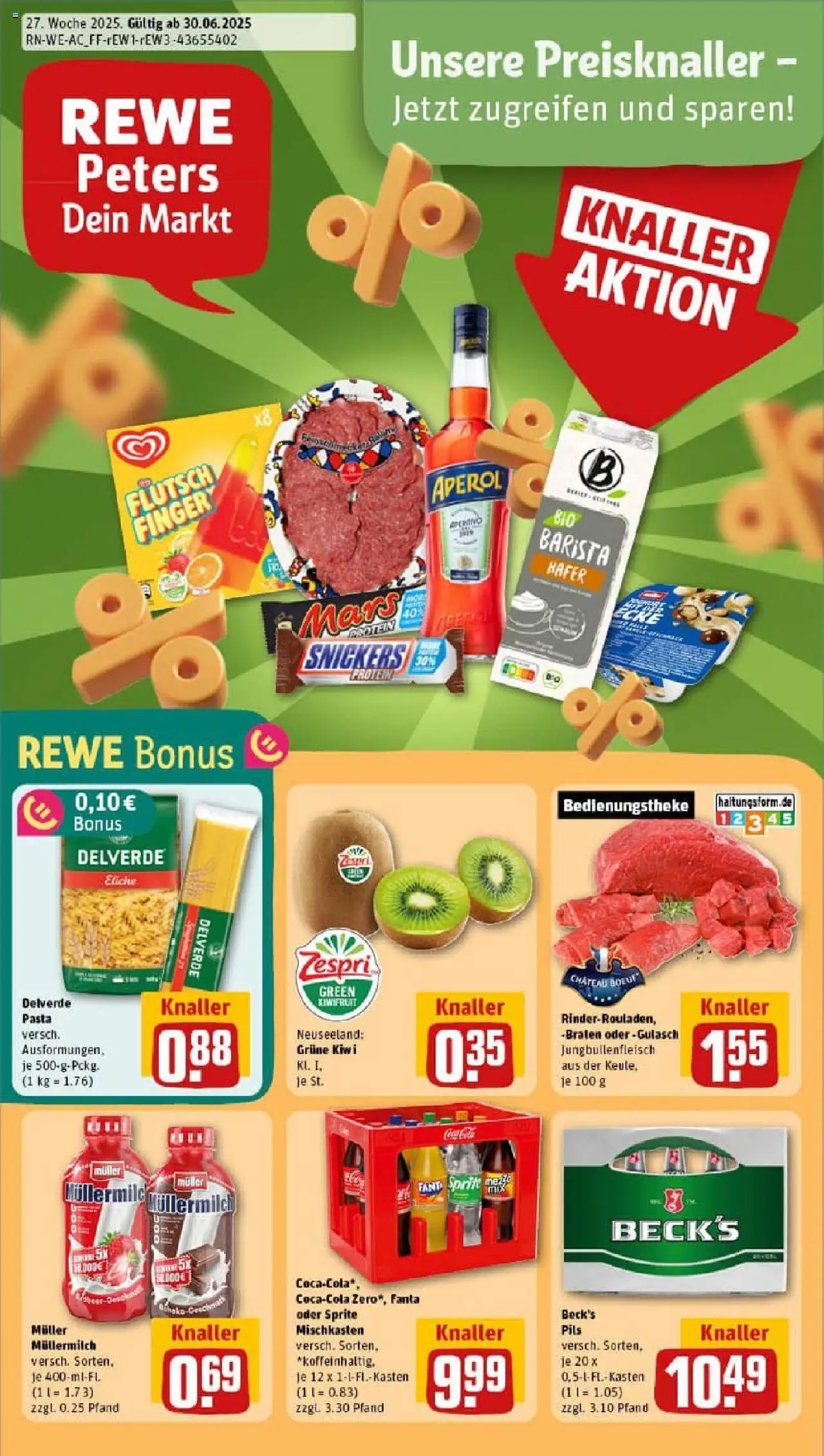 REWE Prospekt ab 29.06.2025 nächste Woche - Prospekt Düren - Pasta, Aperol, Gulasch, Kiwi, Snickers, Fanta, Müllermilch, Muller mullermilch