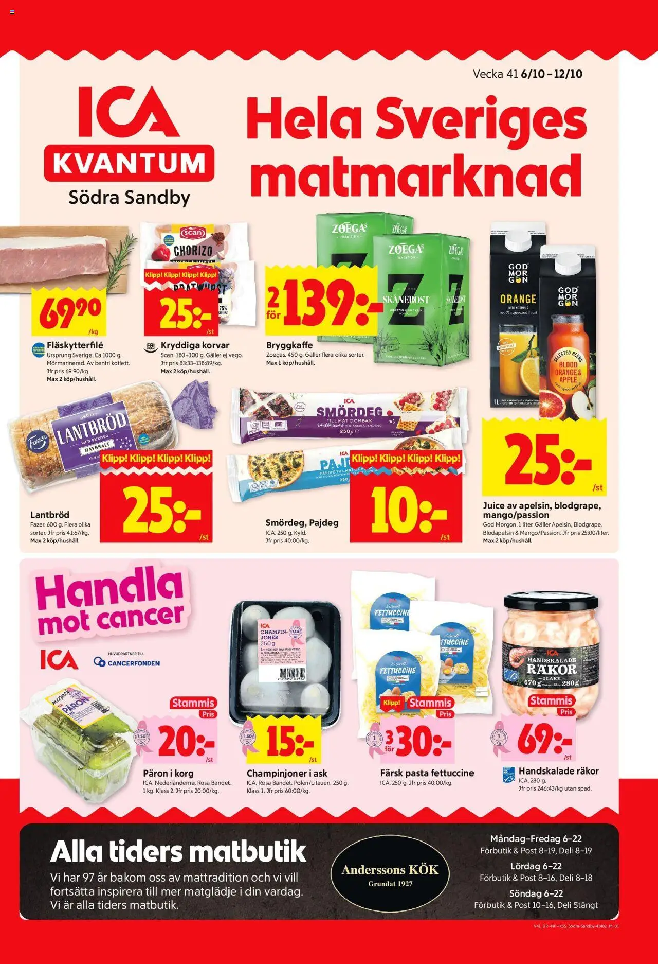 Förhandsgranska reklamblad Södra Sandby från butik ICA Kvantum gäller från 06/10/2025 - Korg, Räkor, Juice, Galler, Chorizo, Lantbröd, Blodapelsin, Fläskytterfilé