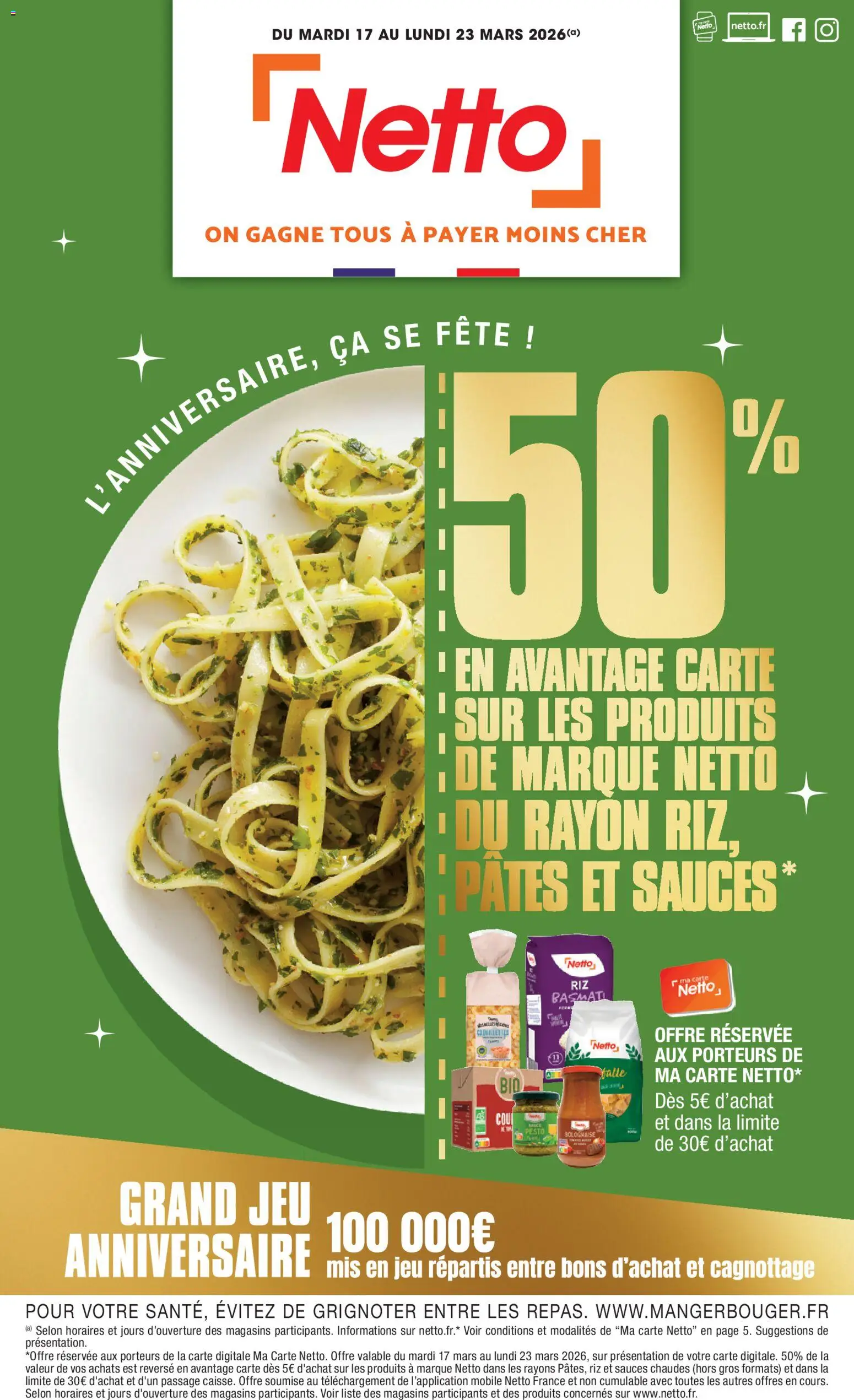 Prévisualisation de Netto catalogue du magasin Netto formulaire valide 17/03/2026 - Anniversaire, Pâtes, Pesto, Riz, Sauces