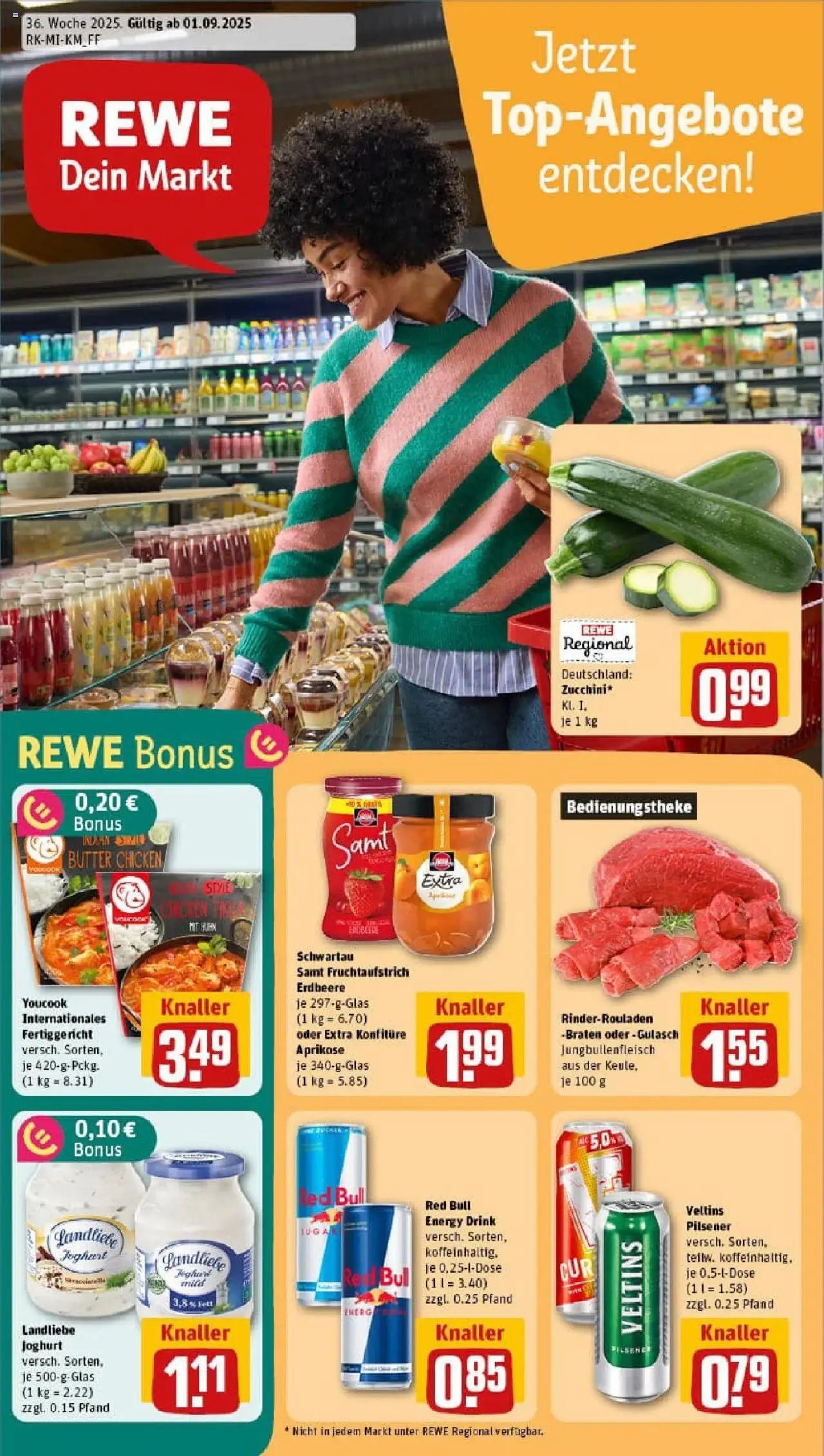 REWE Prospekt ab 01.09.2025 nächste Woche - Prospekt Marburg - Butter, Zucchini, Gulasch, Joghurt, Rinderrouladen, Energy, Youcook, Landliebe joghurt