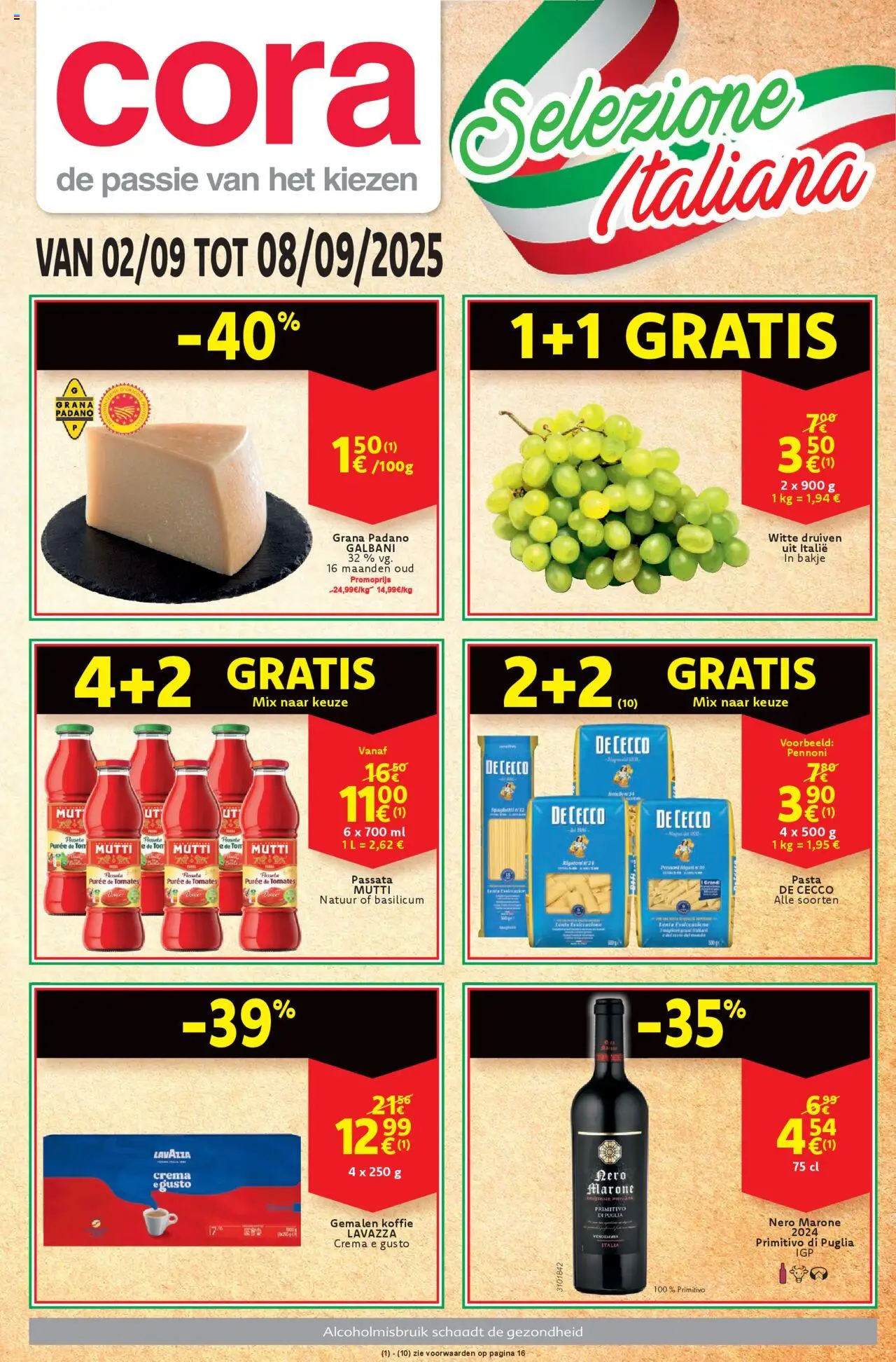 Cora shop Folder week 36 geldig vanaf 02/09/2025 - Paginanummer 1 - Koffie, Pasta, Spaghetti, Grana Padano, Passata, Lavazza, Druiven, Gemalen koffie