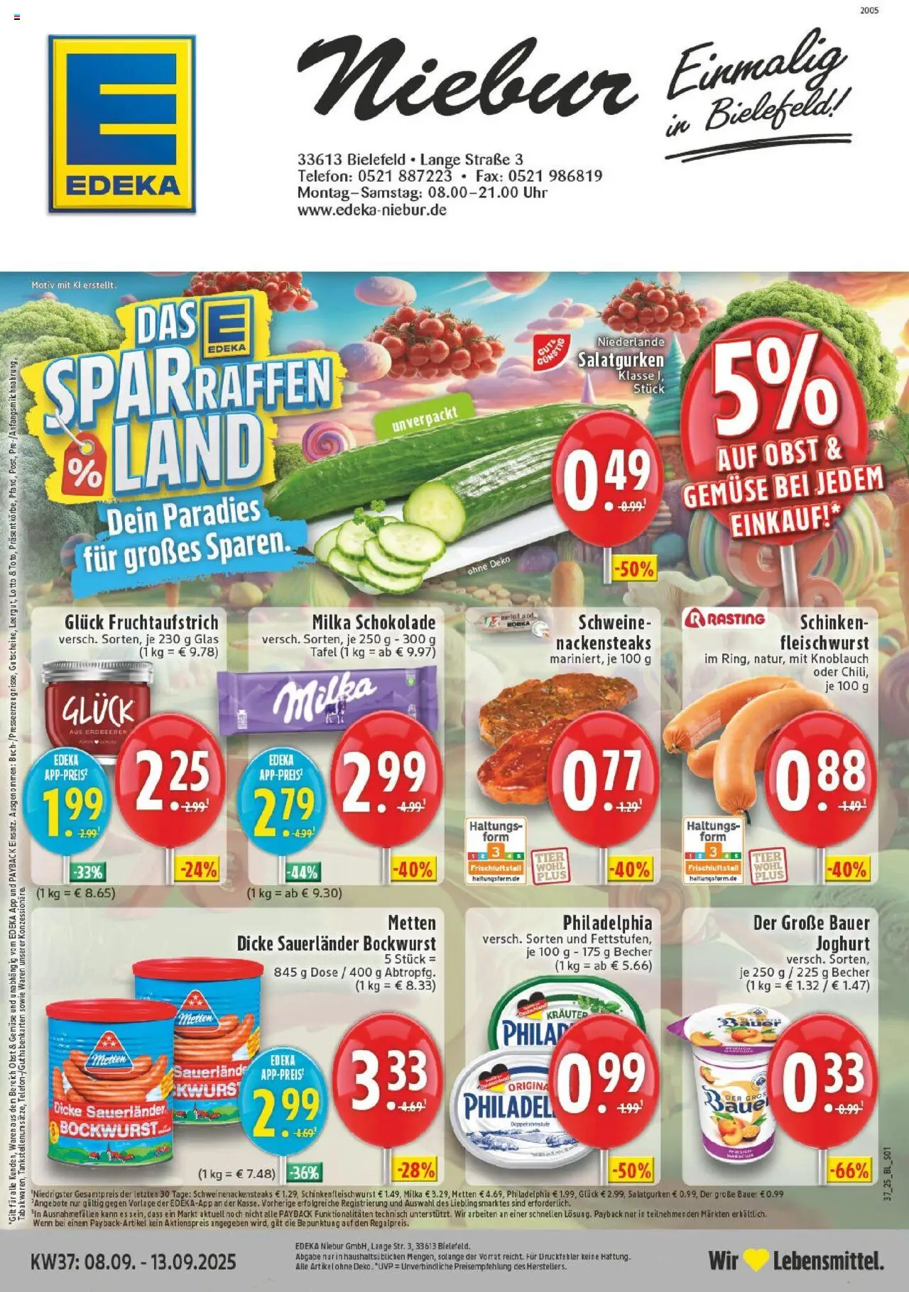 EDEKA Prospekt ab 07.09.2025 - Prospekt Bielefeld Online - Schokolade, Steak, Erdbeeren, Joghurt, Philadelphia, Gemüse, Nackensteaks, Dicke sauerlander bockwurst