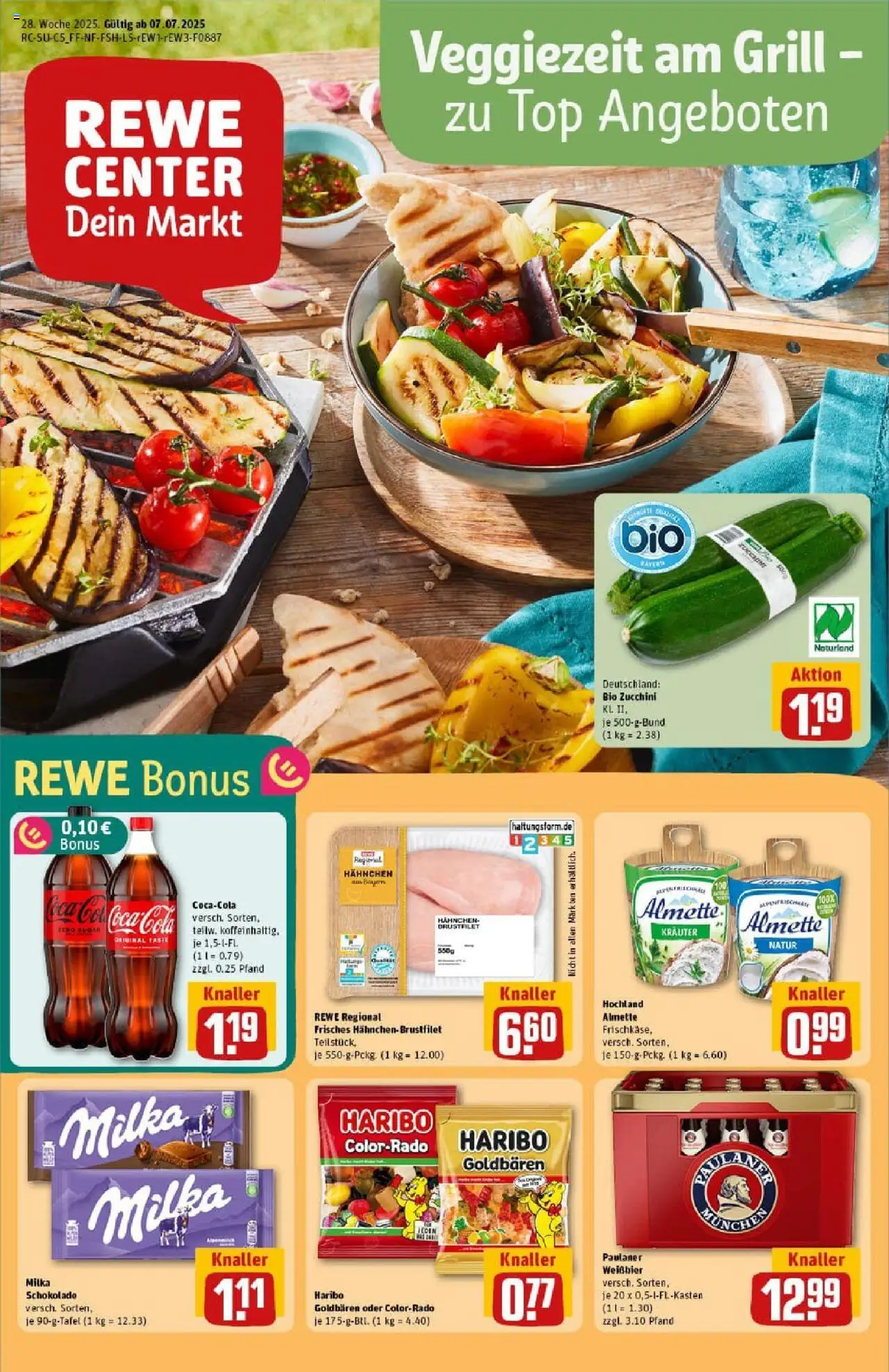 REWE Prospekt ab 06.07.2025 nächste Woche - Prospekt Olching Geiselbullach - Schokolade, Haribo, Grill, Cola, Paulaner, Weißbier, Almette, Hahnchen