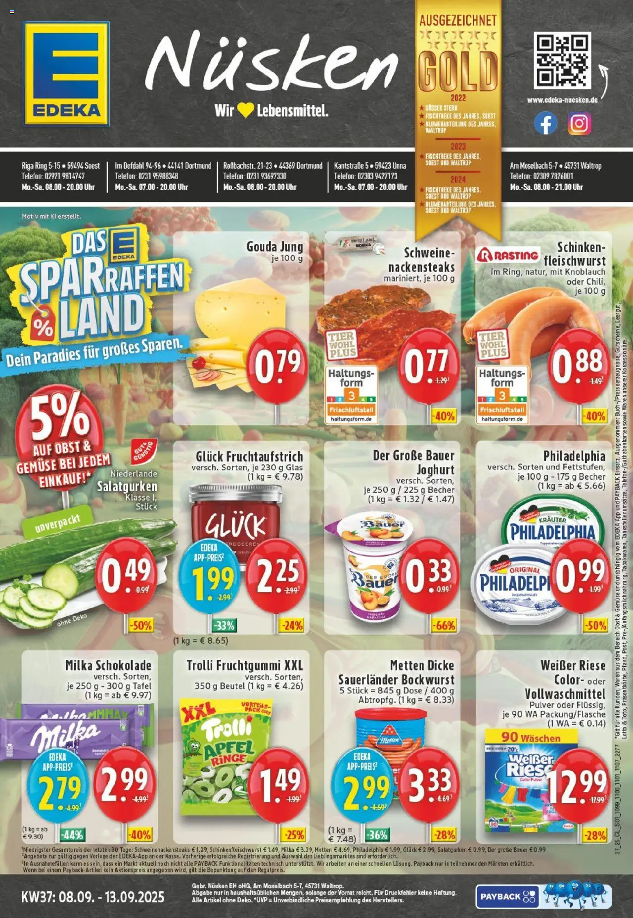 EDEKA Prospekt ab 07.09.2025 - Prospekt Dortmund Online - Uhr, Äpfel, Philadelphia, Milka, Schinken, Bockwurst, Nackensteaks, Dicke sauerlander bockwurst