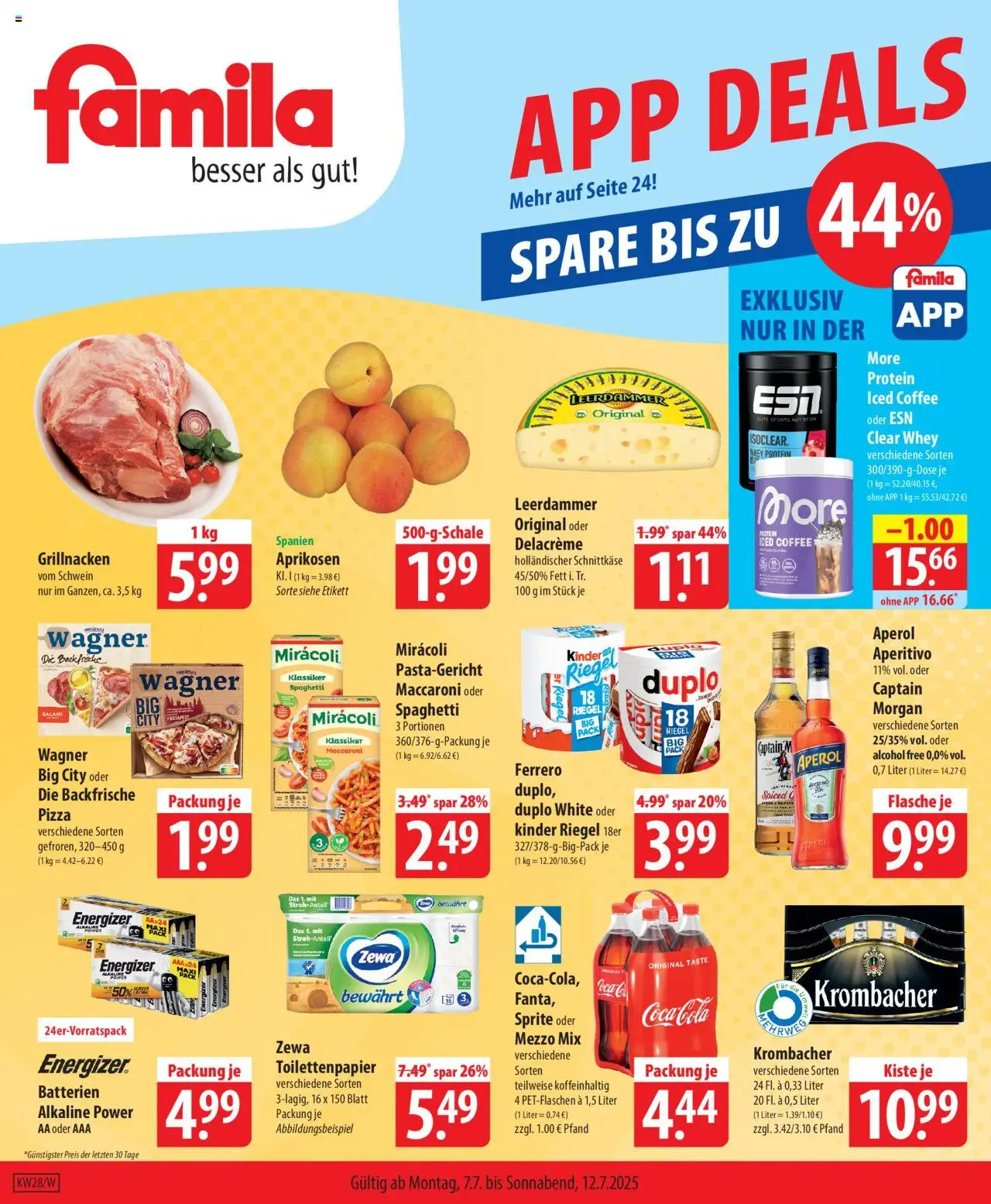 Famila Prospekt (vom 07.07.2025 - 12.07.2025) - Pasta, Aperol, Batterien, Spaghetti, Krombacher, Captain morgan, Mezzo mix, Kinder riegel