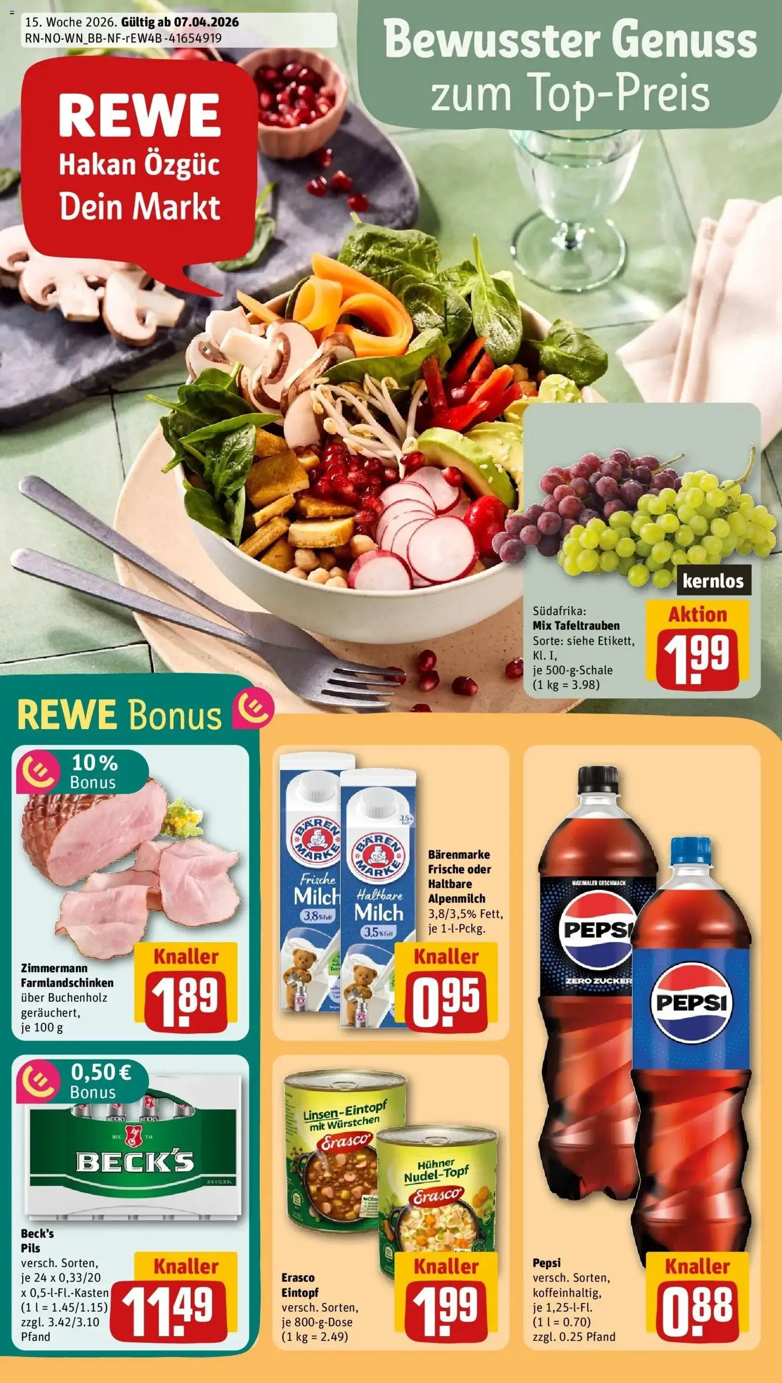 Vorschau von dem Prospekt des Geschäftes Rewe, gültig ab dem 05.04.2026 - Cola, Milch, Zucker, Pepsi, Haltbare milch, Pils, Erasco