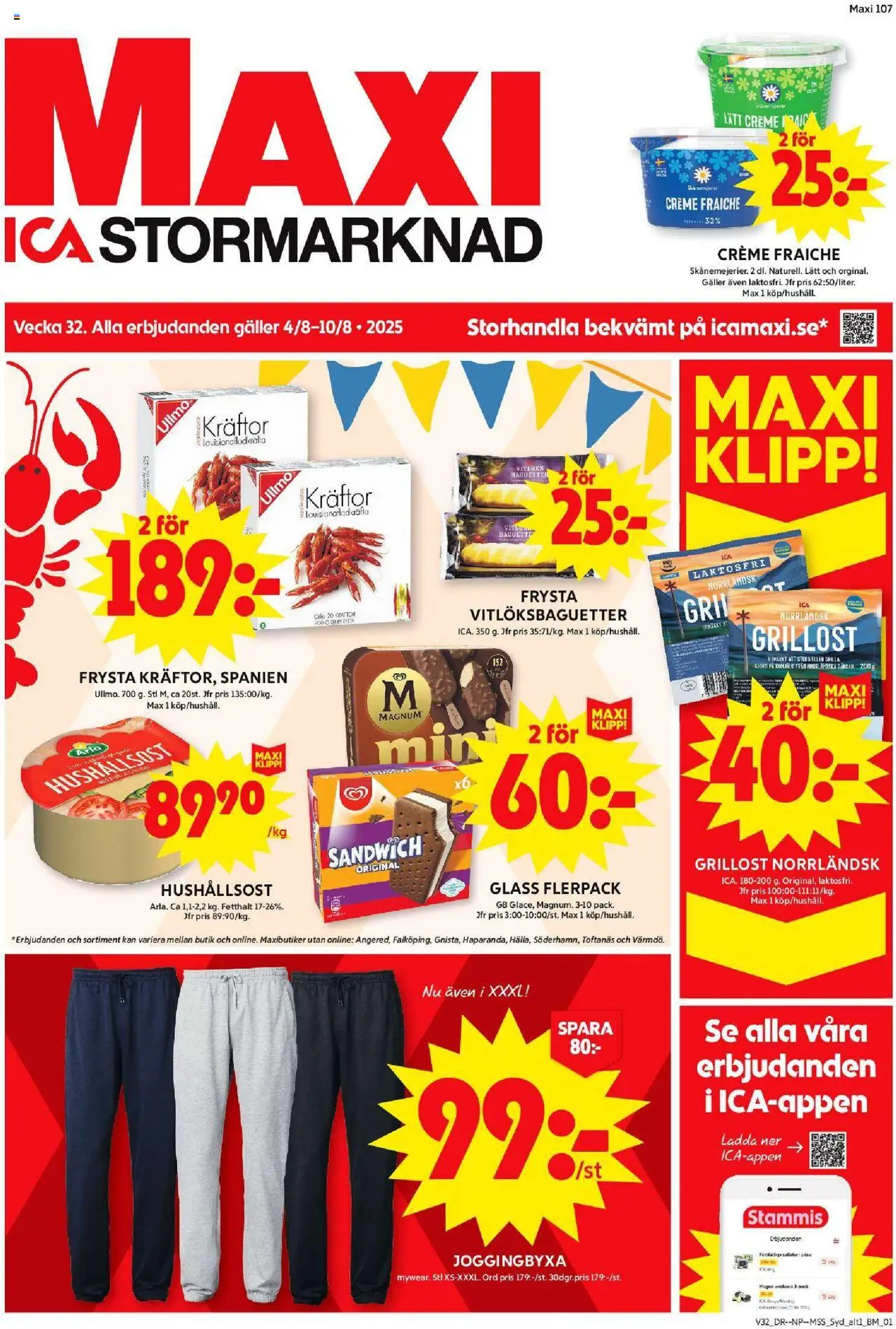 Trelleborg är giltig 04/08 2025 > Veckans Erbjudanden gäller från 04/08/2025 till 10/08/2025 sidnummer 1 - Glass, Creme fraiche, Sandwich, Kräftor, Baguette, Galler, Magnum, Hushållsost