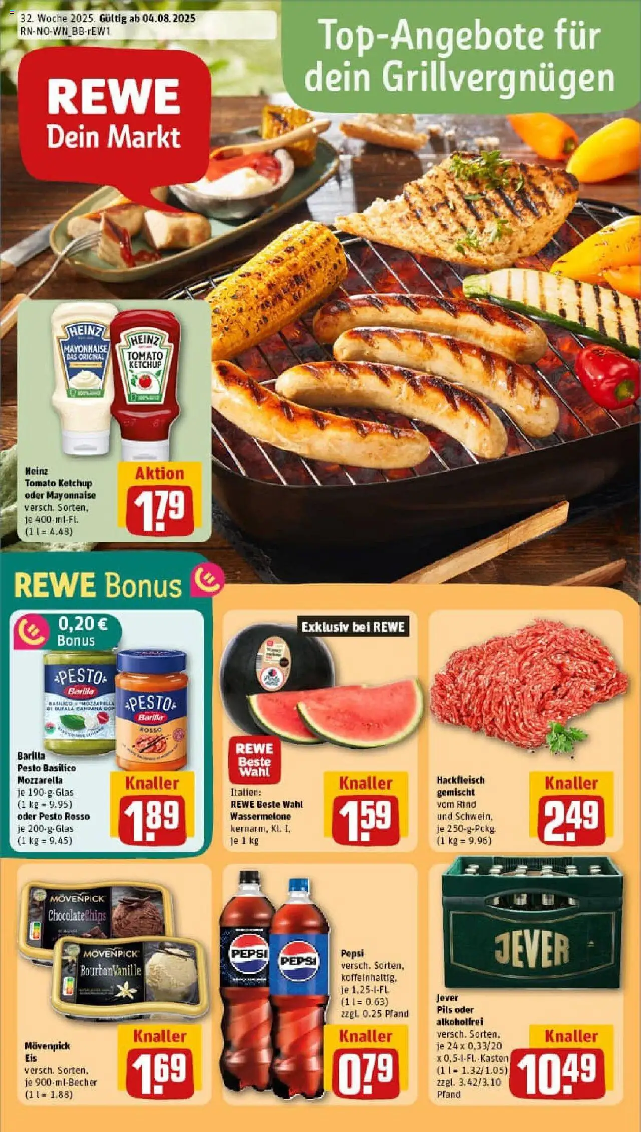 REWE Prospekt ab 03.08.2025 nächste Woche - Prospekt Bremen - Eis, Mozzarella, Hackfleisch, Mayonnaise, Wassermelone, Barilla, Pepsi, Movenpick eis