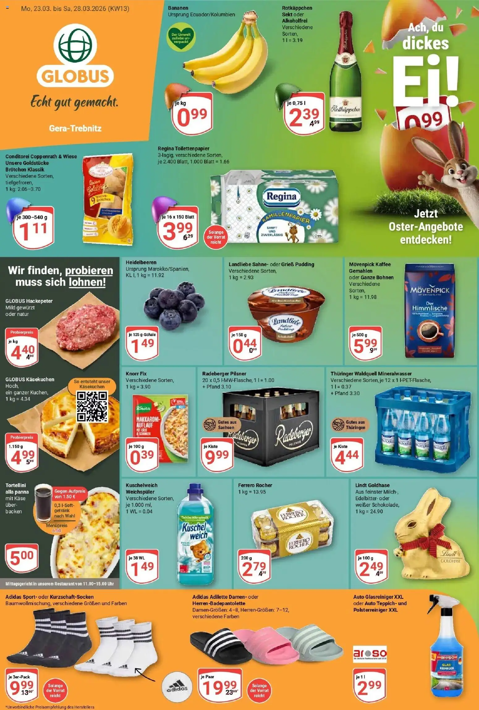 Vorschau von dem Prospekt des Geschäftes Globus, gültig ab dem 23.03.2026 - Kaffee, Käse, Teppich, Bananen, Ferrero rocher, Sahne, Kuschelweich, Movenpick kaffee