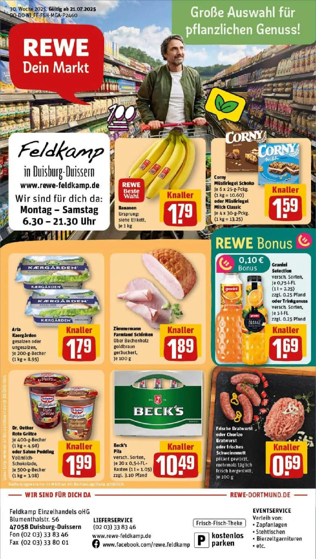 REWE Prospekt ab 20.07.2025 nächste Woche - Prospekt Duisburg / Duissern - Uhr, Butter, Bananen, Milch, Sahne, Theke, Granini, Pils