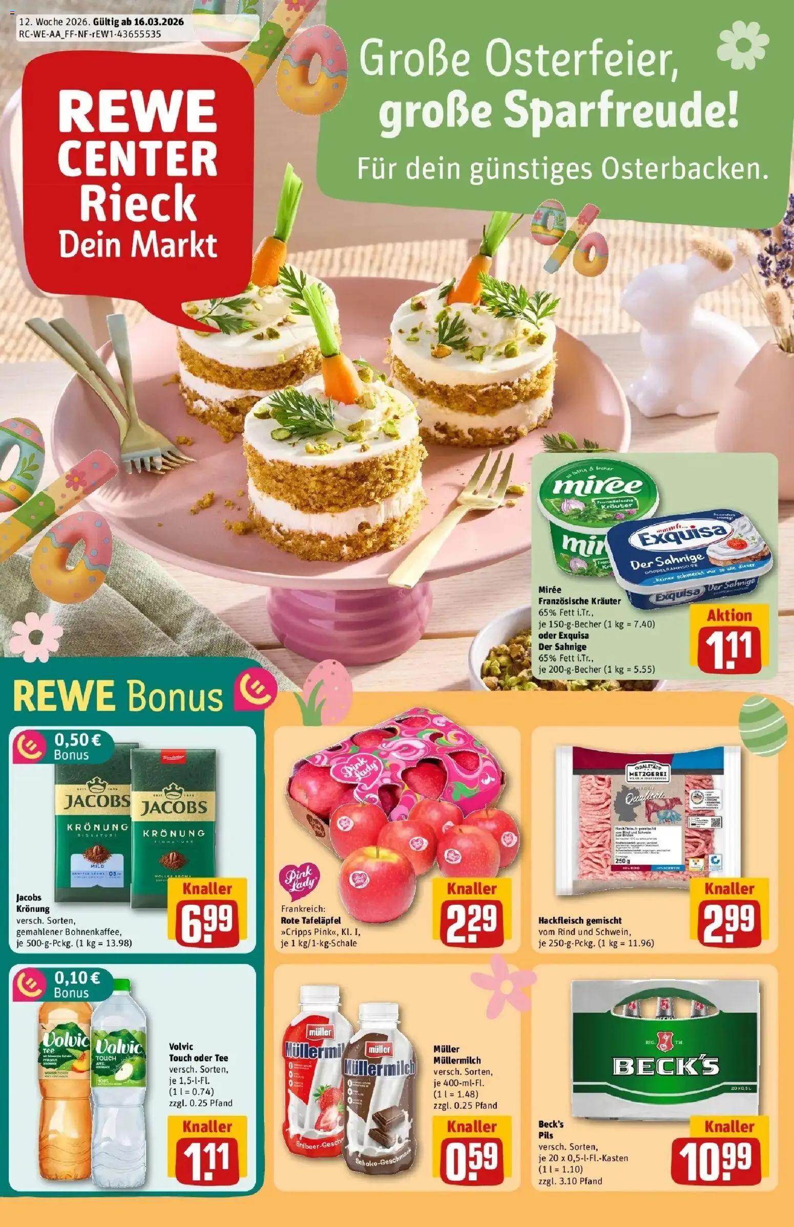 Vorschau von dem Prospekt des Geschäftes Rewe, gültig ab dem 15.03.2026 - Äpfel, Tee, Hackfleisch, Müllermilch, Volvic, Pils, Exquisa, Volvic touch