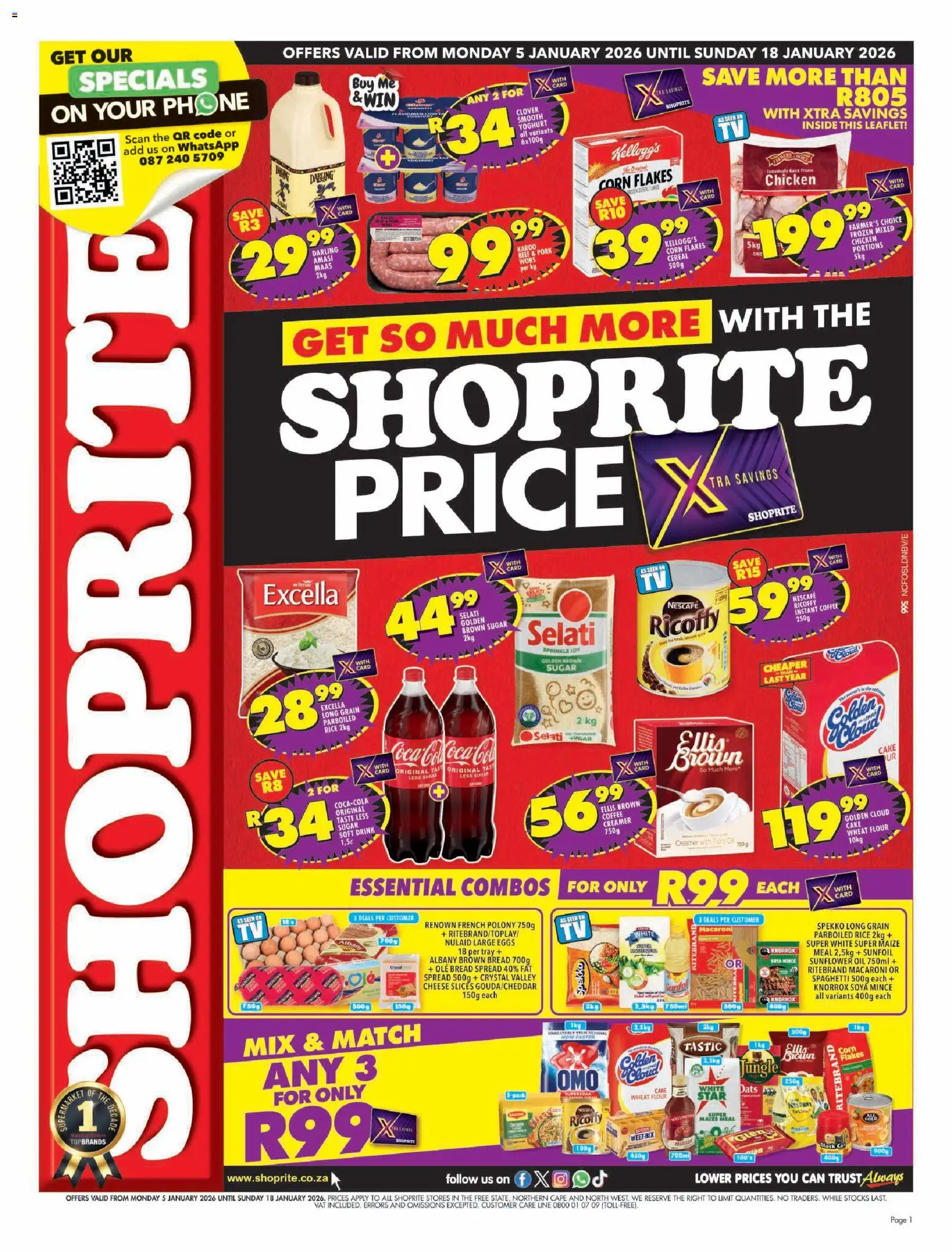 Preview of Shoprite flyer valid from 05/01/2026 - Cake, Cheese, Oil, Bread, Maize meal, Polony, Soya mince, Flakes
