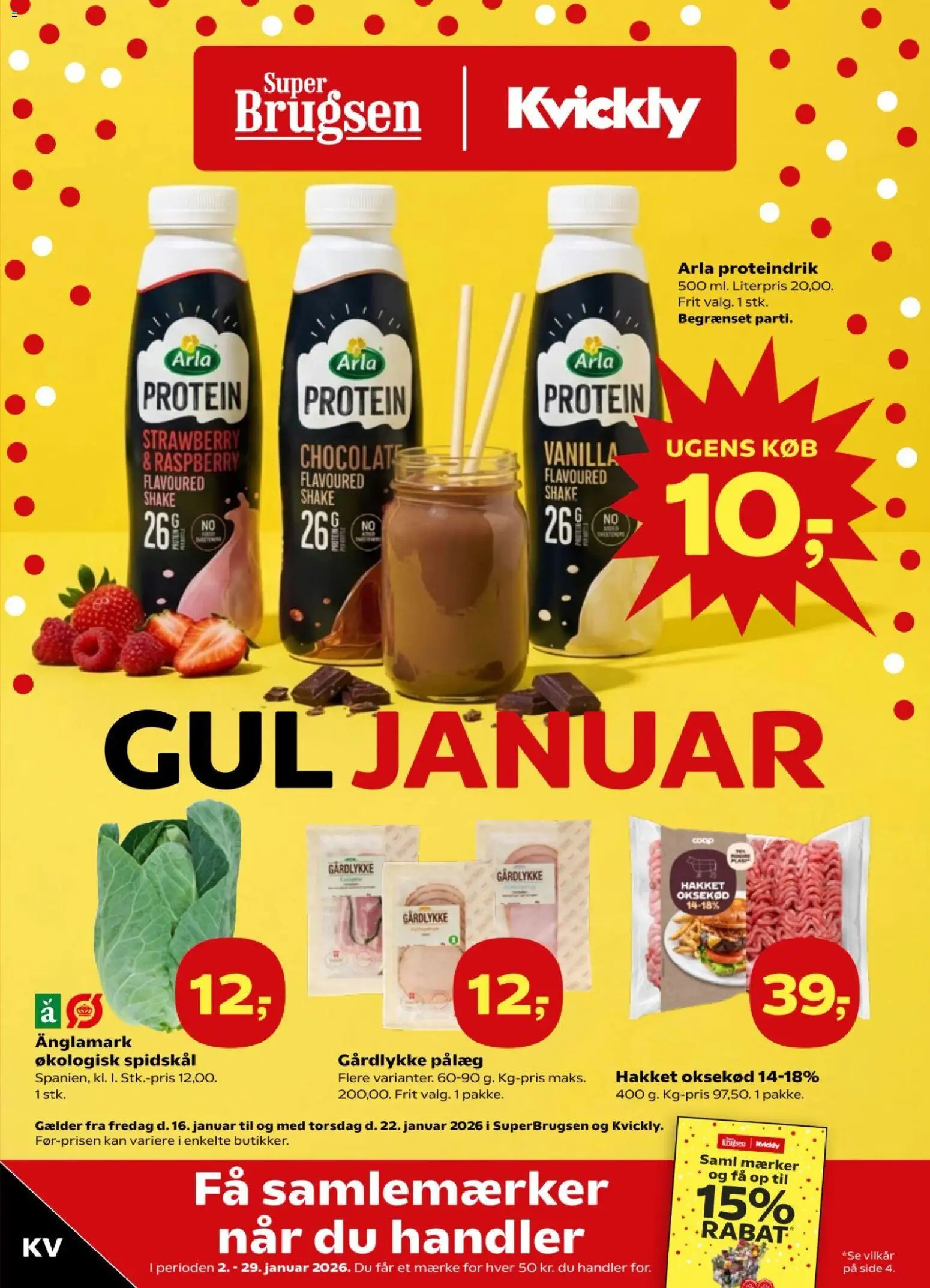 Eksempel på tilbudsavis Tilbudsavis fra butik Kvickly gyldig fra 16/01/2026 - Pålæg, Spidskål, Oksekød, Proteindrik