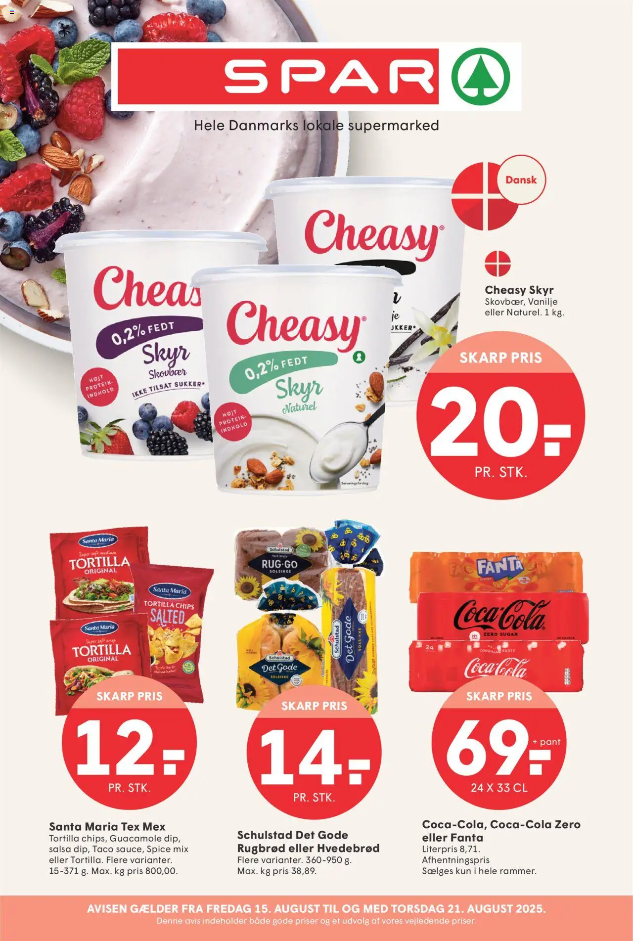 Spar tilbudsavis gyldig fra 15/08/2025 - side 1 - Guacamole, Taco, Rugbrød, Chips, Skyr, Salsa, Fanta, Vanilje