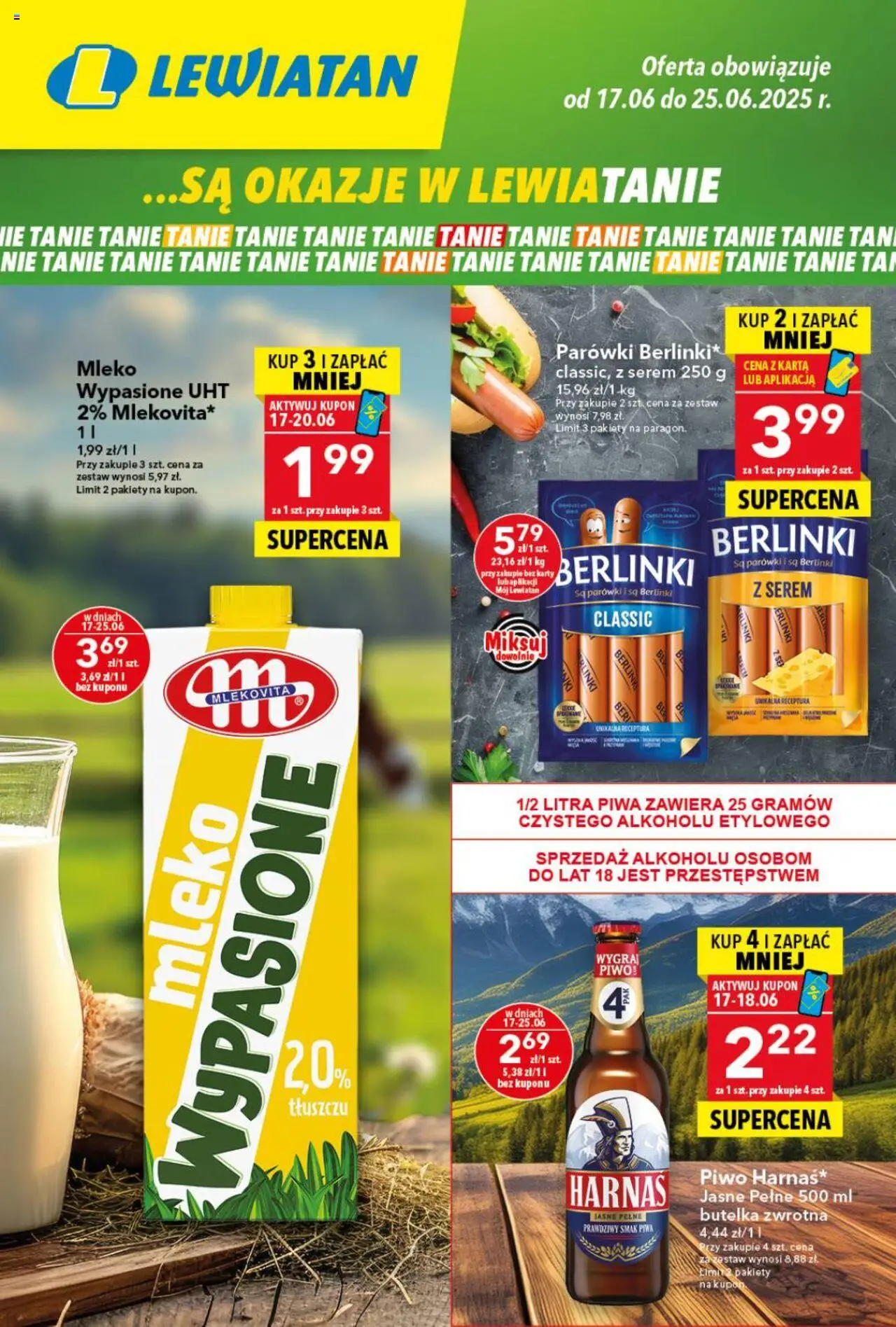 Lewiatan gazetka od 17.06.2025 - Promocje "Gazetka" - Numer strony 1 - Mleko, Piwo, Parówki, Mleko wypasione, Harnaś, Karta, Serem, Berlinki