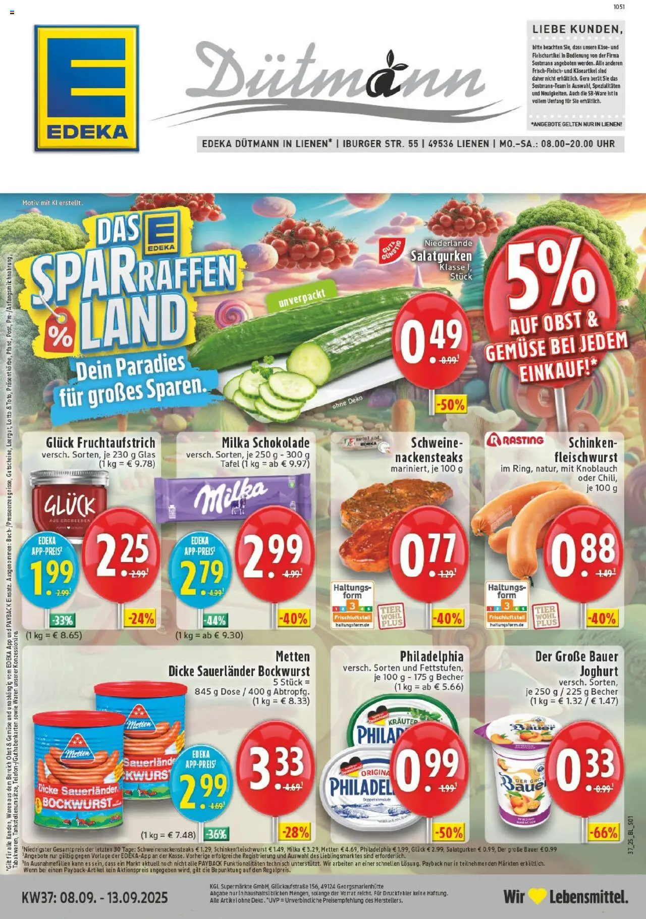 EDEKA Prospekt ab 07.09.2025 - Prospekt Lienen Online - Uhr, Philadelphia, Milka schokolade, Obst, Milka, Pfirsich, Schinken, Dicke sauerlander bockwurst