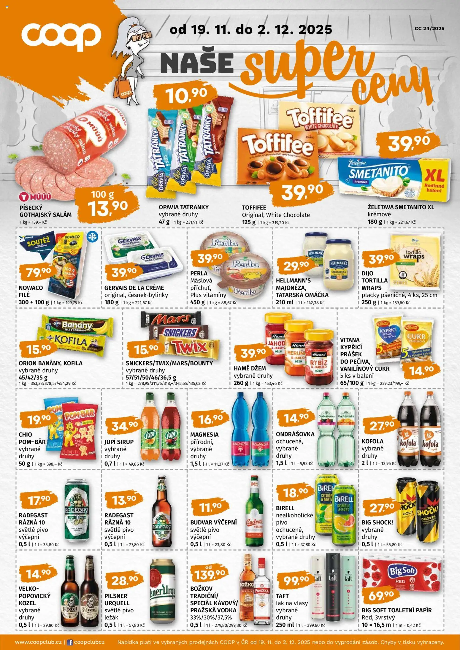 Náhled nabídky: Coop Leták - Coop Super cena platný od 19.11.2025 - Pivo, Tortilla, Snickers, Perla, Pilsner, Magnesia, Gervais, Ondrášovka