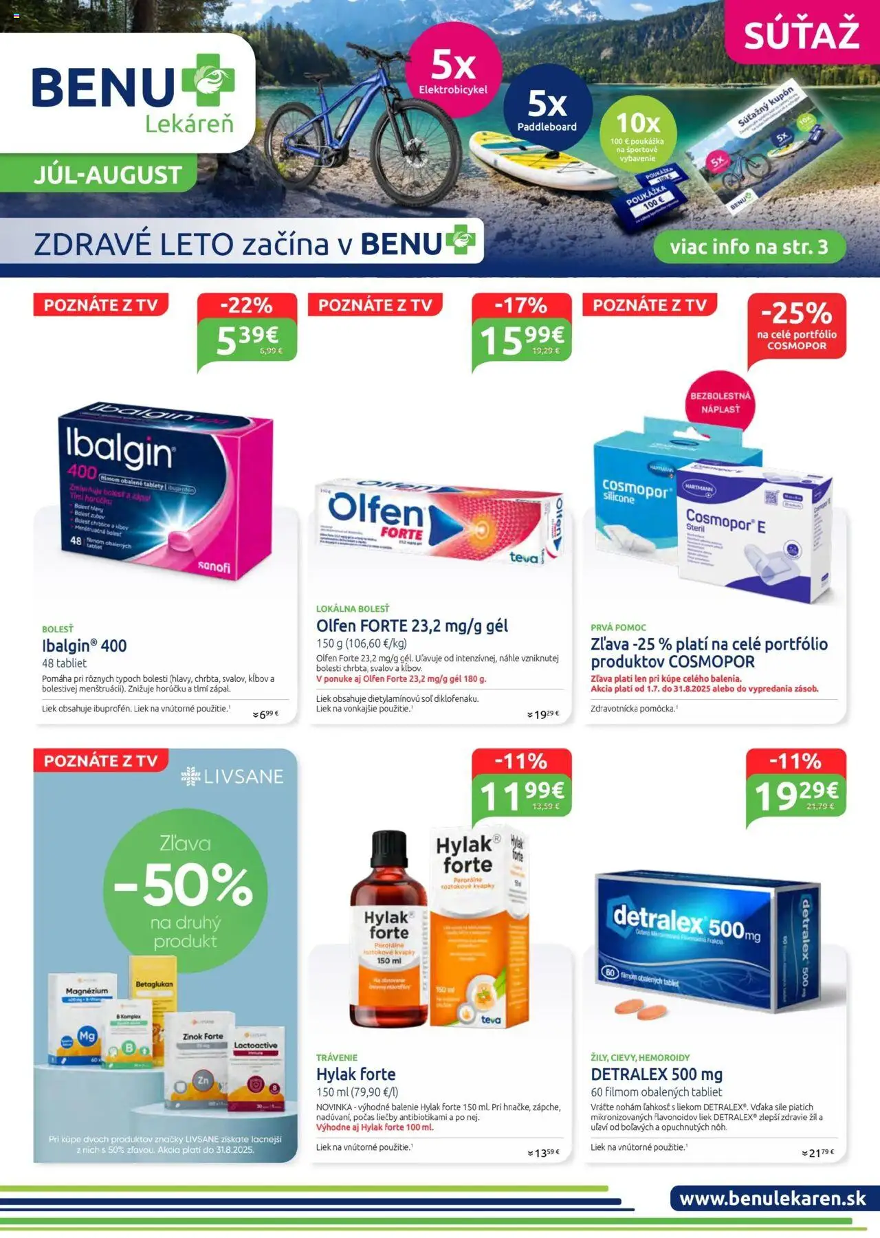 BENU Lekáreň Leták (01.07. - 31.08.2025) - Akčná ponuka - Tv, Hylak Forte, Paddleboard, Elektrobicykel, Tablet, Soľ, Detralex