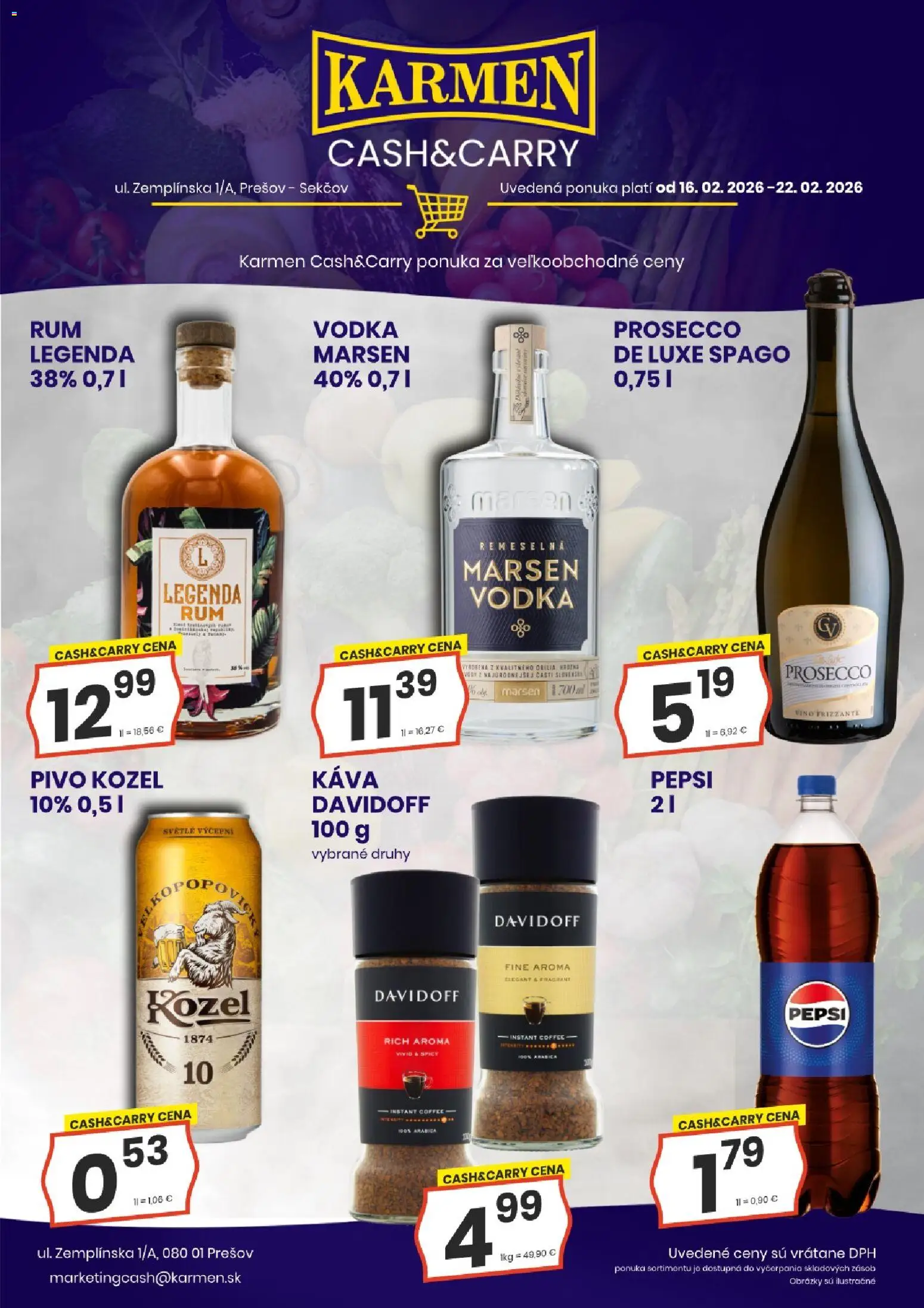 Náhľad KARMEN CBA letáku platného od 18.02.2026 - Káva, Pivo, Víno, Prosecco, Vodka, Pepsi, Davidoff
