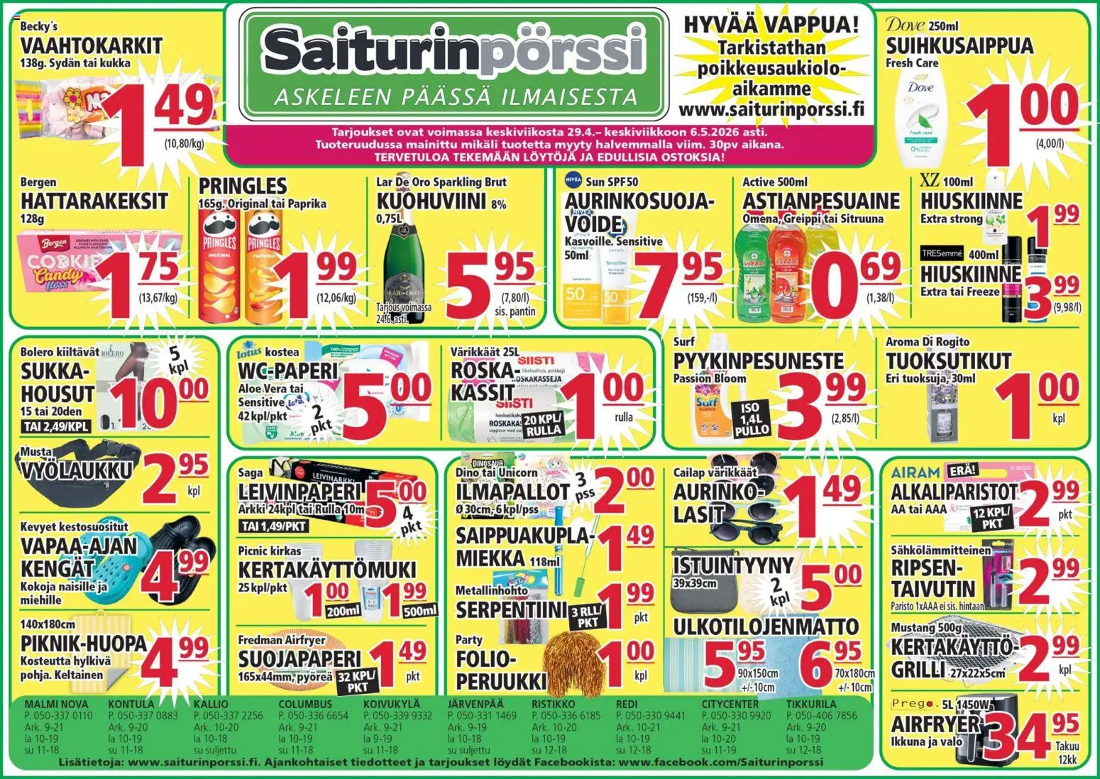 Kaupan Saiturinpörssi Saiturinpörssi tarjoukset esikatselu, voimassa 29/04/2026 - Housut, Istuintyyny, Aloe Vera, Paprika, Greippi, Astianpesuaine, Piknikhuopa, Vaahtokarkit