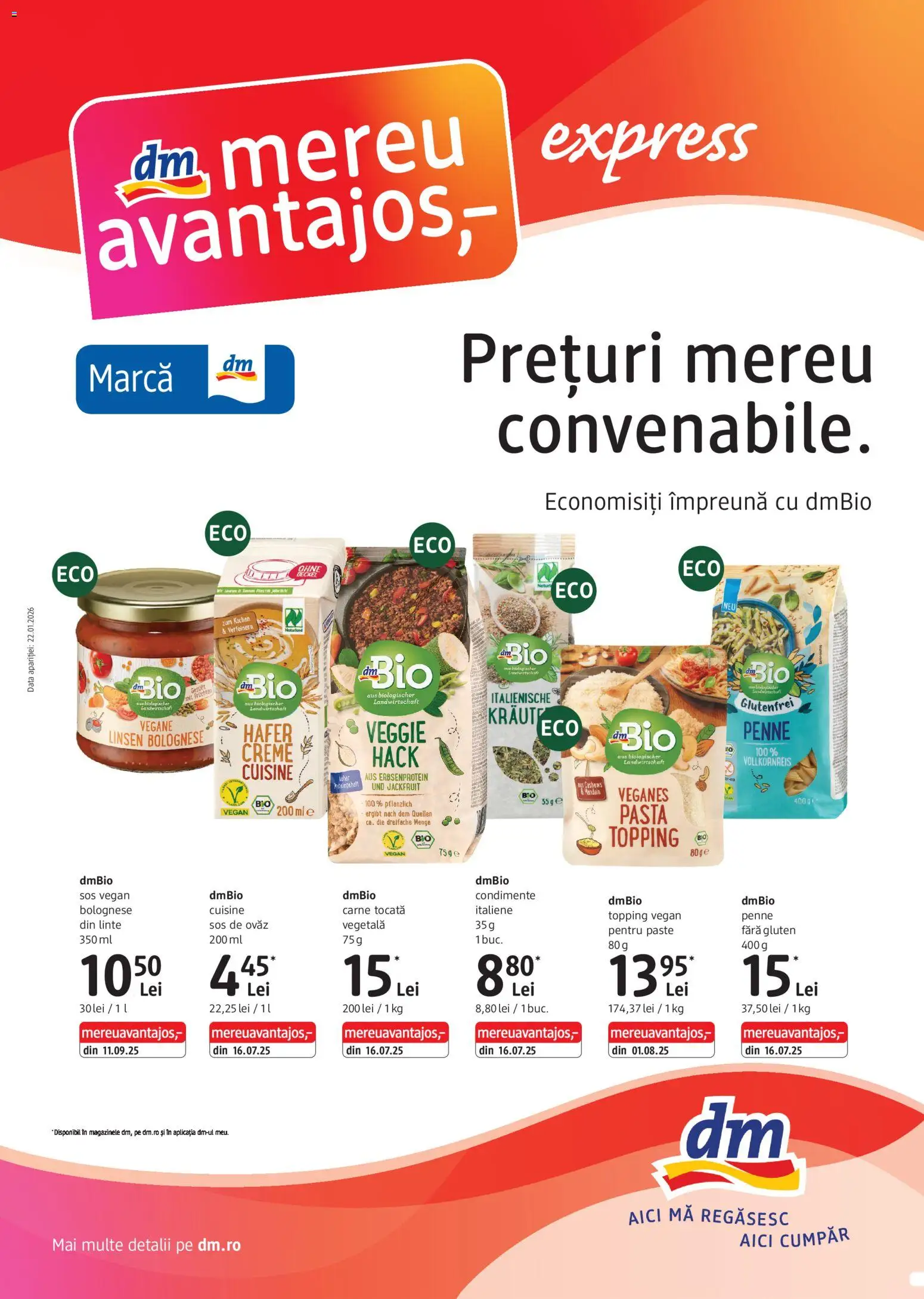 Previzualizarea de cataloage: DM drogeriemarkt Catalog - Express valabil de la 22.01.2026 - Paste, Sos, Condimente, Carne tocată