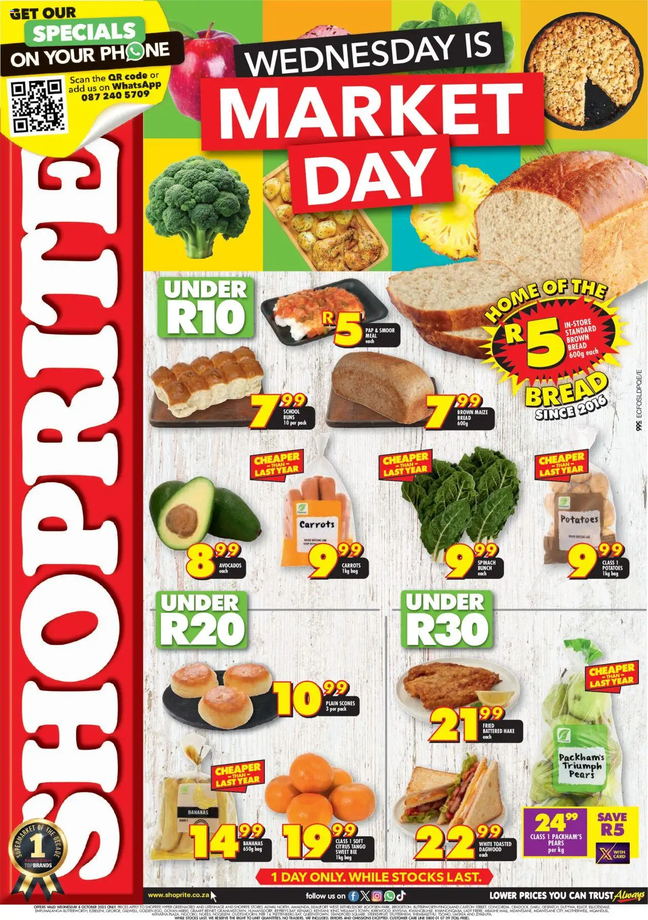 Preview of Shoprite flyer valid from 08/10/2025 - Phone, Bag, Bananas, Avocados, Potatoes, Carrots, Pears, Buns