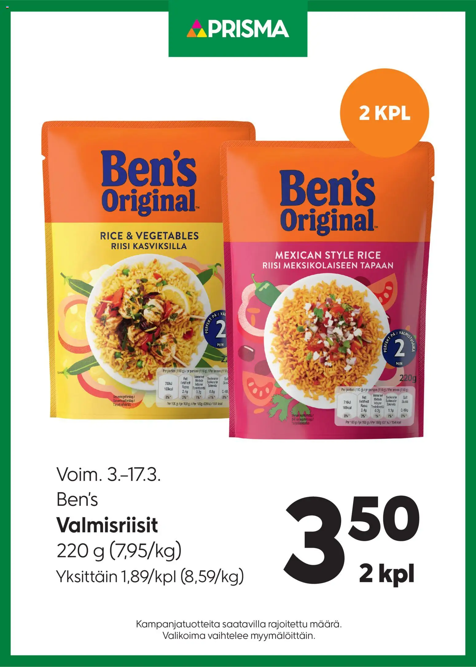 Kaupan Prisma Prisma tarjoukset Bens valmisriisit esikatselu, voimassa 03/03/2026