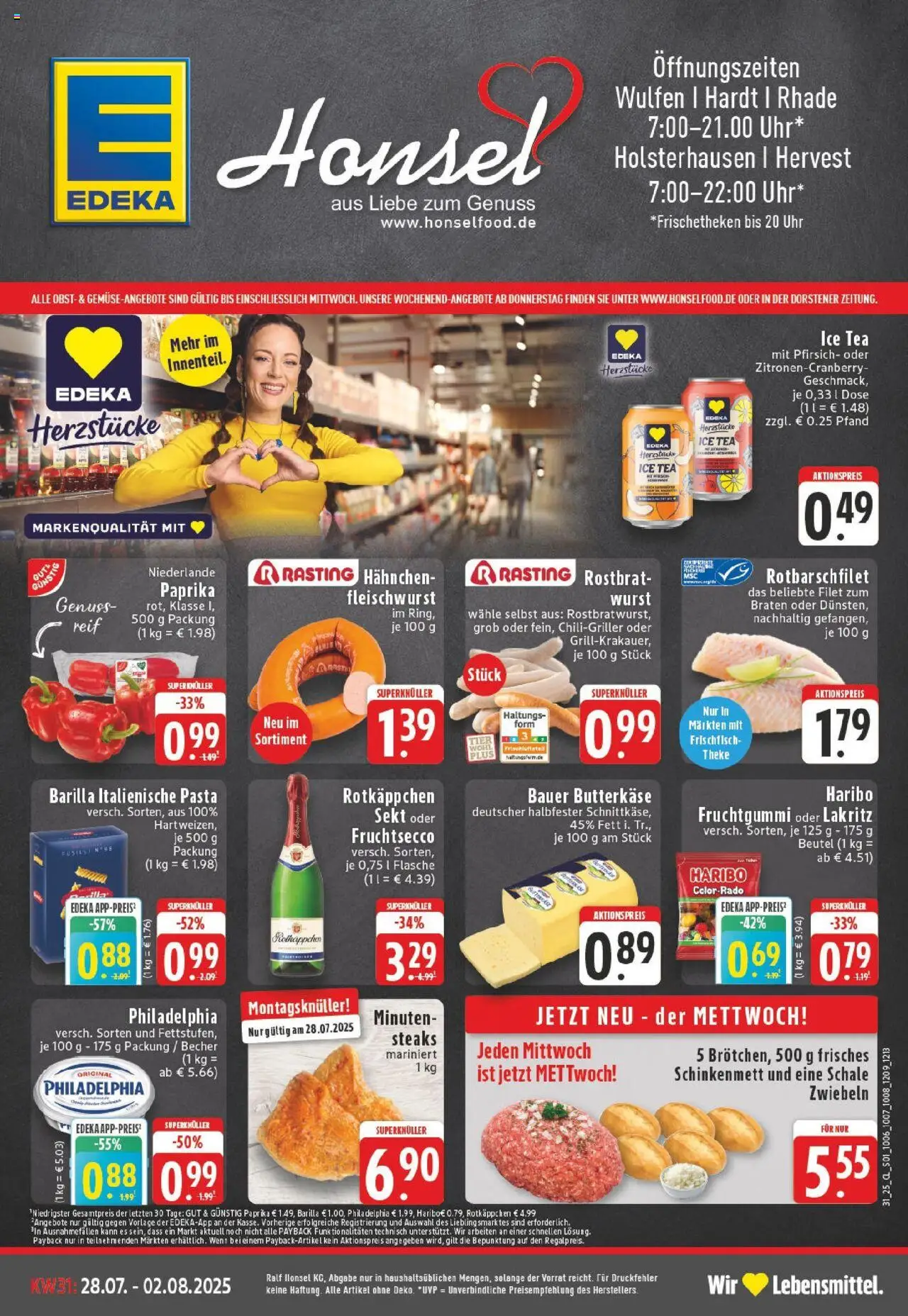 EDEKA Prospekt ab 27.07.2025 - Prospekt Dorsten Online - Pasta, Wurst, Philadelphia, Pfirsich, Met, Theke, Zwiebeln, Fruchtsecco