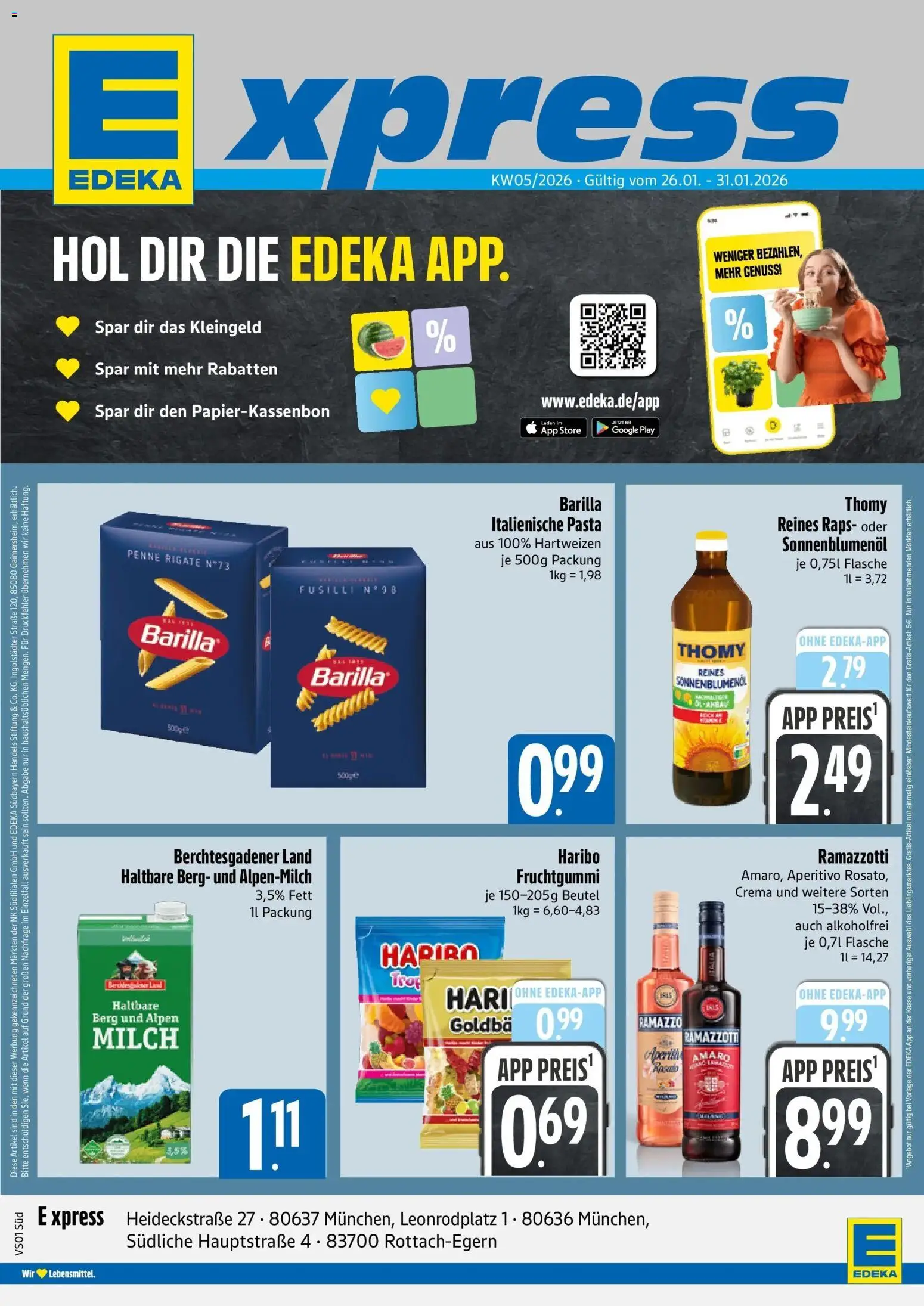 Vorschau von dem Prospekt des Geschäftes Edeka, gültig ab dem 26.01.2026 - Pasta, Haribo, Öl, Milch, Ramazzotti, Barilla, Sonnenblumenol