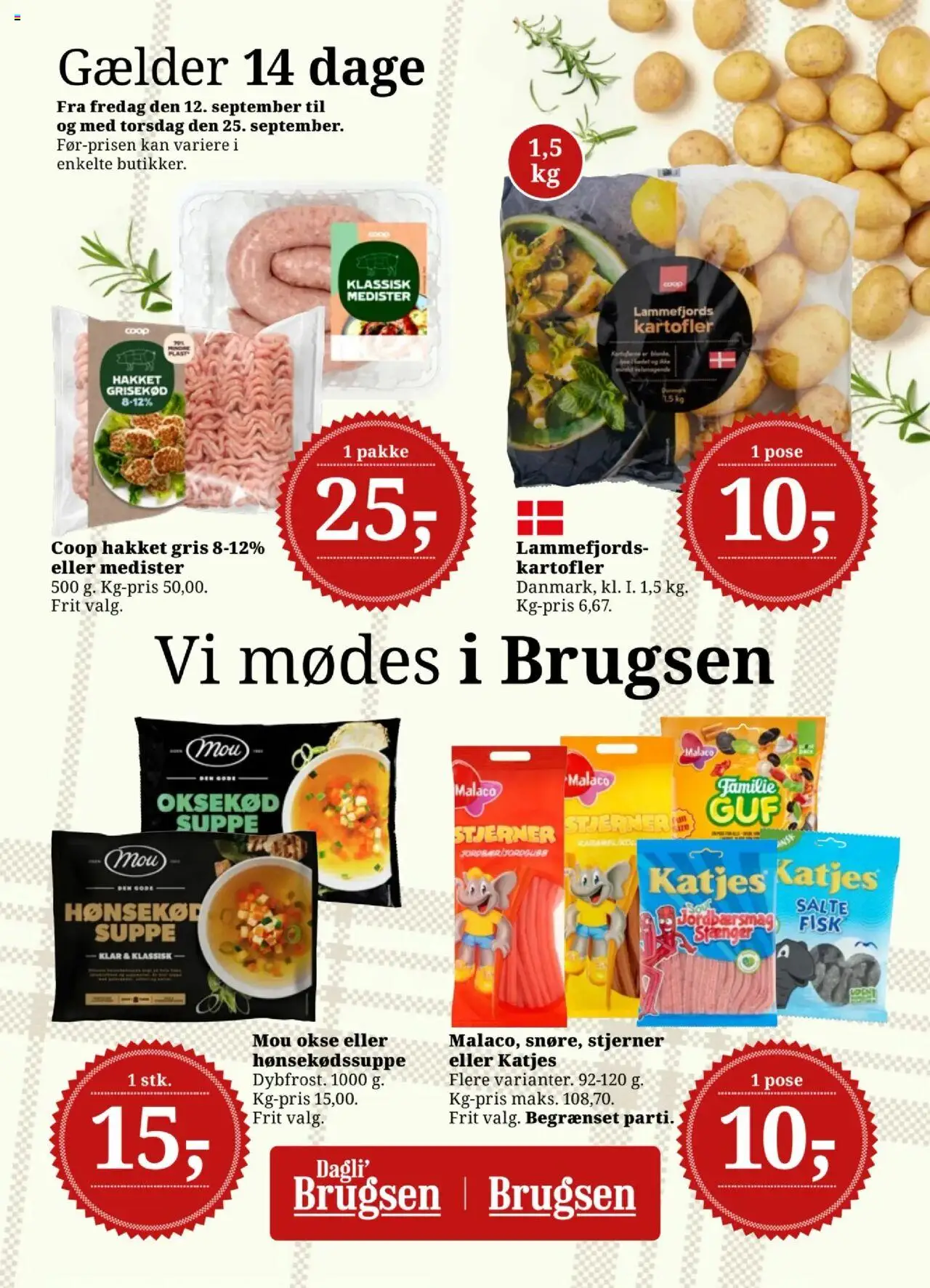 Eksempel på tilbudsavis Tilbudsavis fra butik Dagli'Brugsen gyldig fra 12/09/2025 - Fisk, Kartofler, Suppe, Oksekød