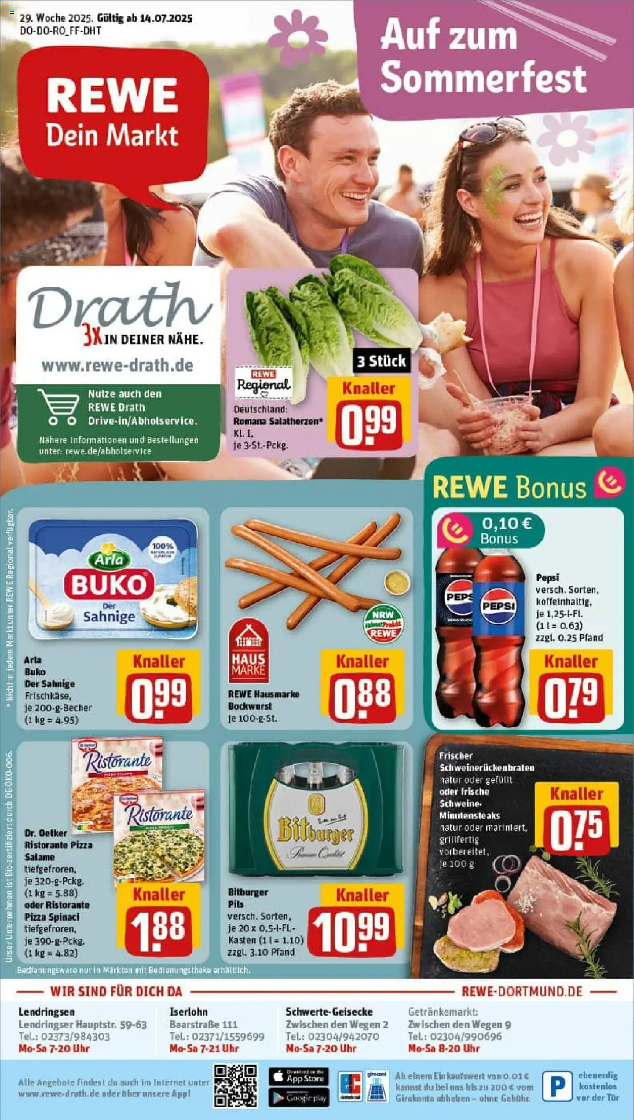 REWE Prospekt ab 13.07.2025 nächste Woche - Prospekt Schwerte - Pizza, Tür, Ristorante, Bockwurst, Bitburger, Theke, Pils, Arla buko