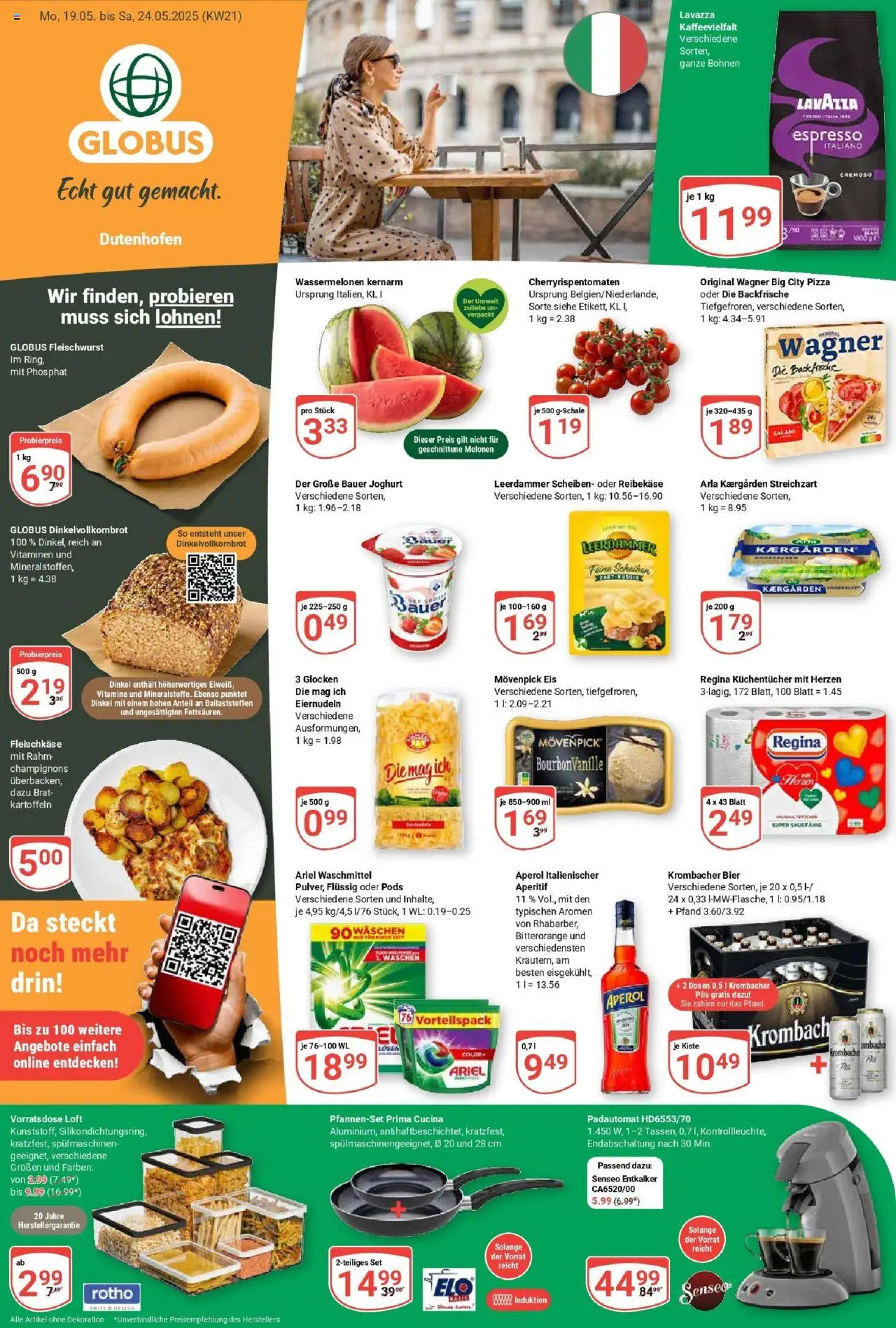 Globus Prospekt ab Montag 19.05.2025 > Prospekt Wetzlar-Dutenhofen - Eis, Aperol, Krombacher, Champignons, Lavazza, Senseo, Leerdammer, Bauer joghurt