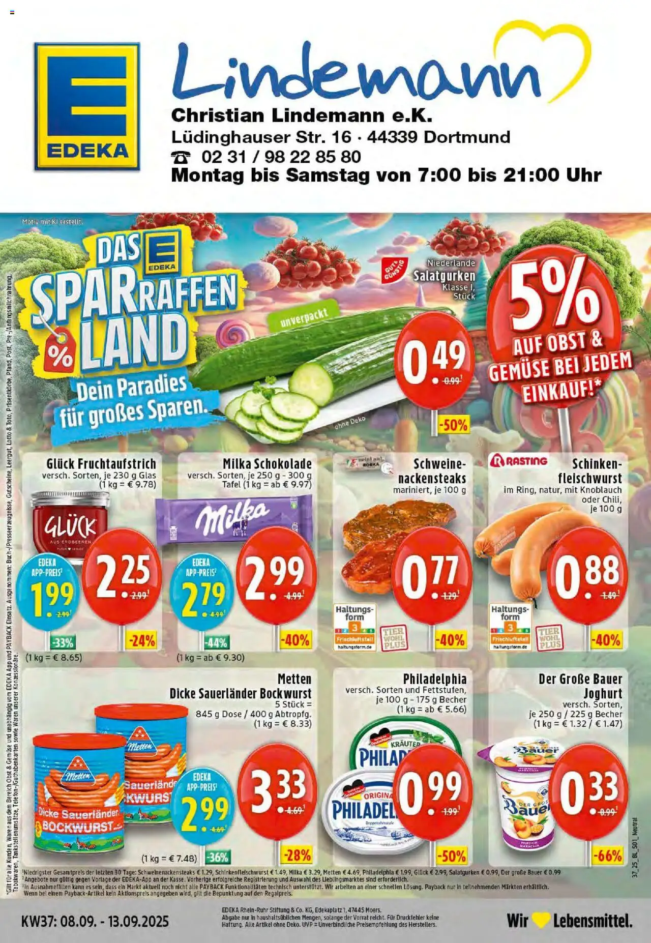 EDEKA Prospekt ab 07.09.2025 - Prospekt Dortmund-Eving Online - Erdbeeren, Joghurt, Philadelphia, Milka schokolade, Schinken, Bauer joghurt, Nackensteaks, Dicke sauerlander bockwurst