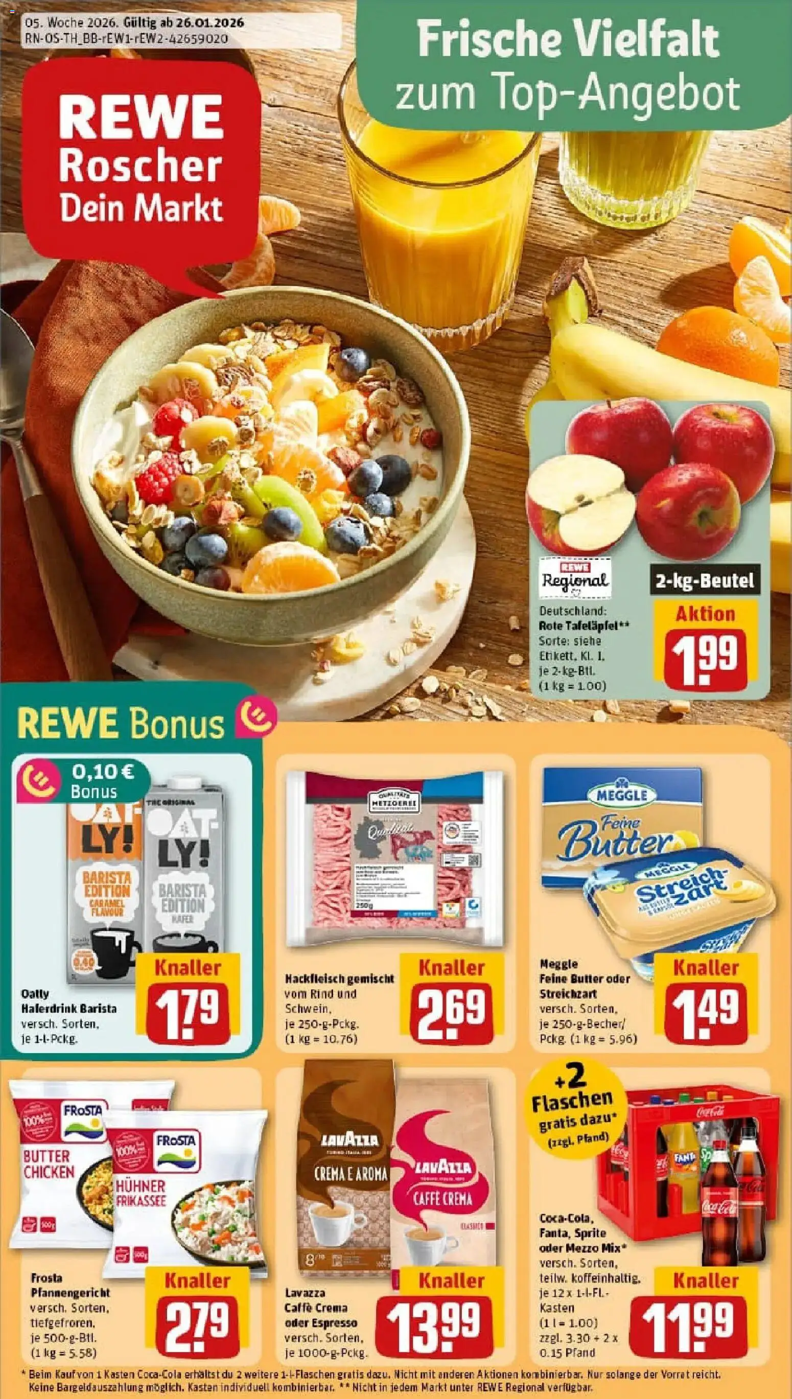 Vorschau von dem Prospekt des Geschäftes Rewe, gültig ab dem 26.01.2026 - Butter, Hackfleisch, Frosta, Sprite, Oatly, Mezzo mix, Haferdrink, Oder mezzo mix