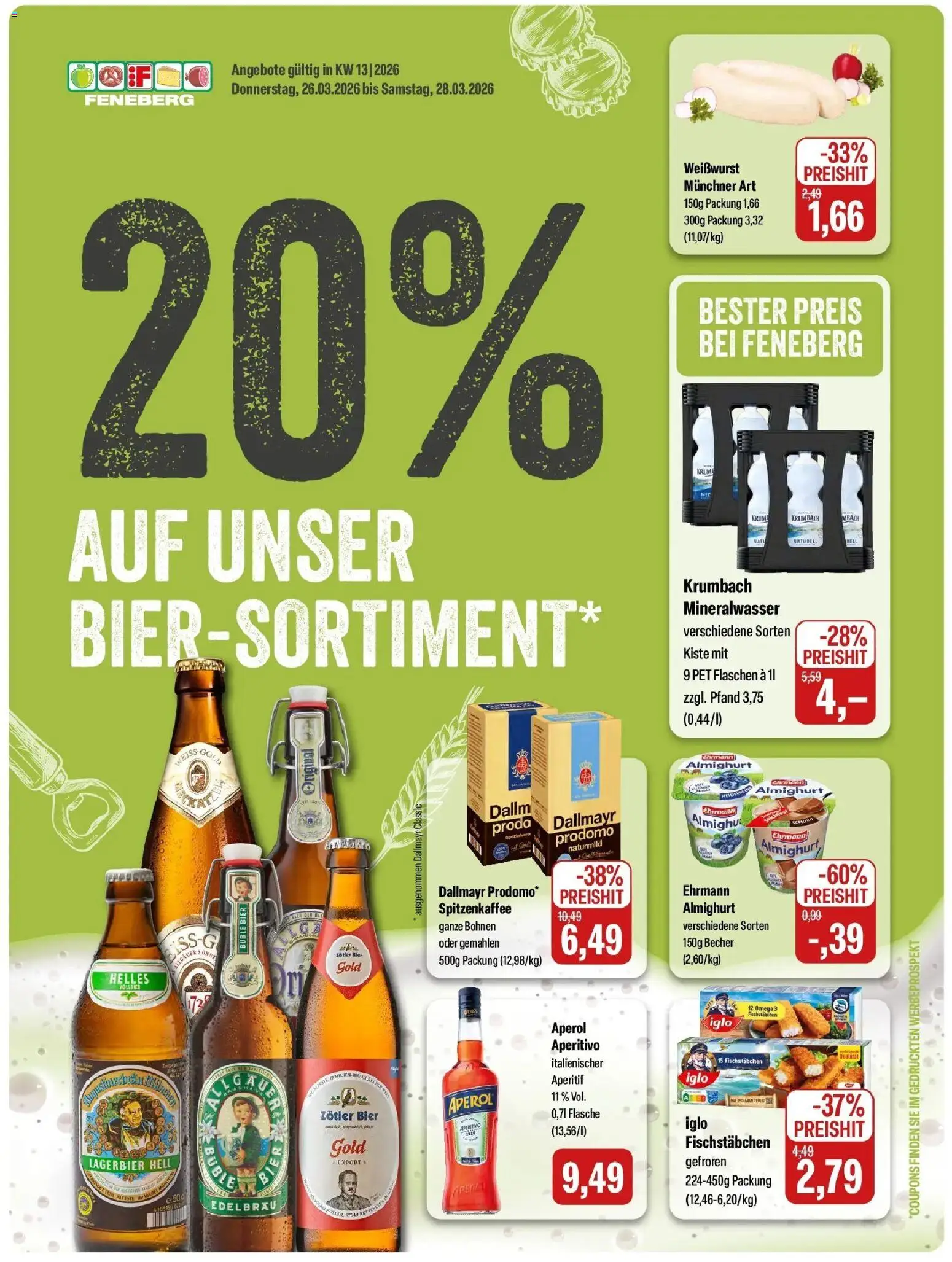 Vorschau von dem Prospekt des Geschäftes Feneberg, gültig ab dem 26.03.2026 - Bier, Aperol, Mineralwasser, Dallmayr, Weißwurst, Iglo, Fischstabchen