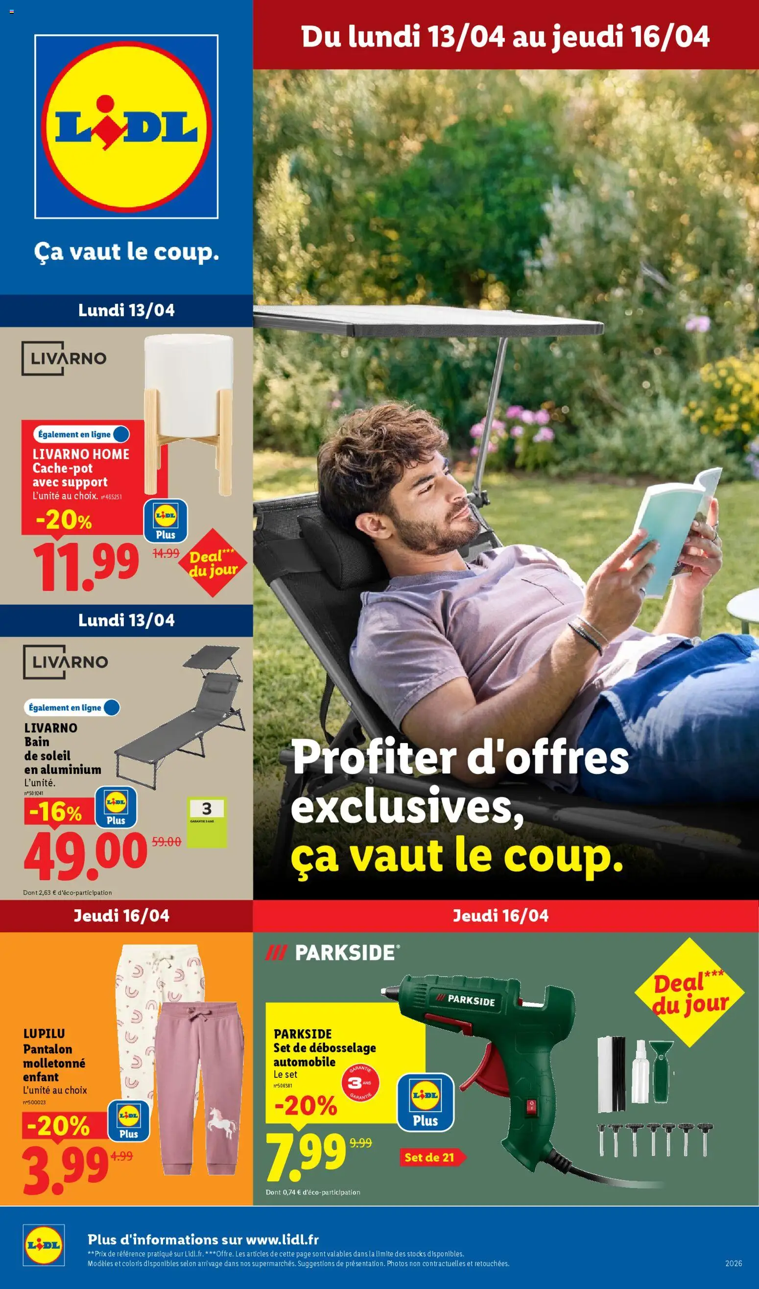 Prévisualisation de LIDL catalogue les bonnes affaires de la semaine du magasin LIDL formulaire valide 13/04/2026 - Parkside, Pantalon, Bain de soleil, Bain de soleil en aluminium, Livarno, Cache-pot