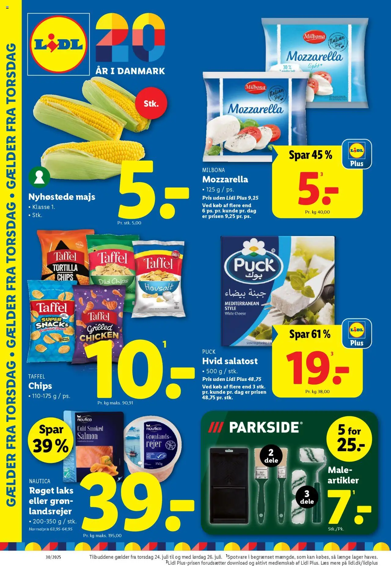 Lidl tilbudsavis gyldig fra 24/07/2025 - side 1 - Laks, Chips, Snacks, Mozzarella, Rejer, Majs, Søm, Salatost