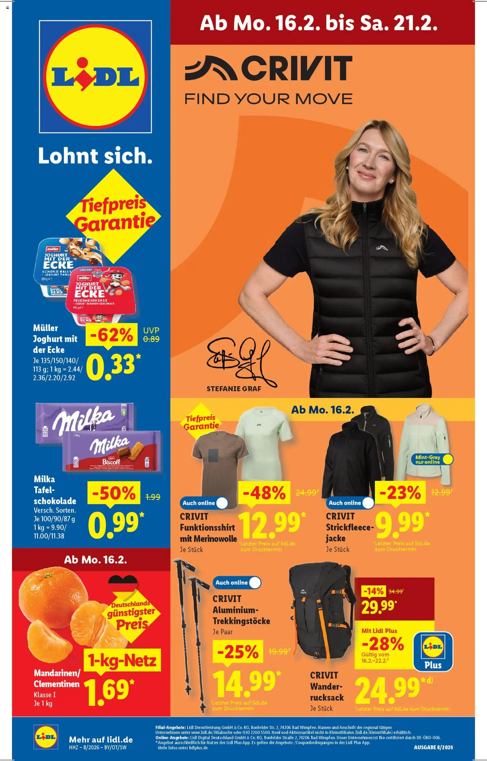 Vorschau von dem Prospekt des Geschäftes Lidl, gültig ab dem 16.02.2026 - Schokolade, Rucksack, Bad, Joghurt, Milka, Jacke