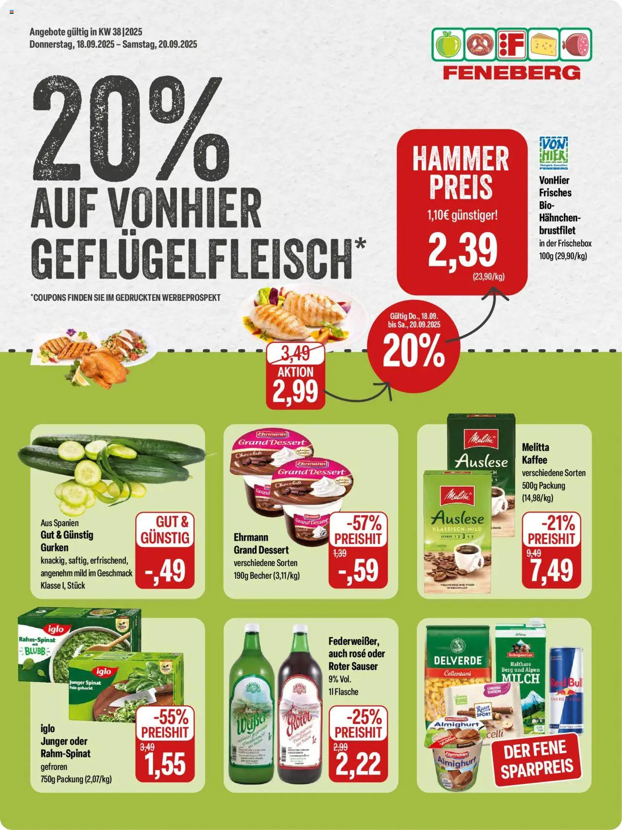 Vorschau von dem Prospekt des Geschäftes Feneberg, gültig ab dem 18.09.2025 - Kaffee, Milch, Ritter sport, Gurken, Melitta, Iglo, Hahnchen, Ehrmann almighurt
