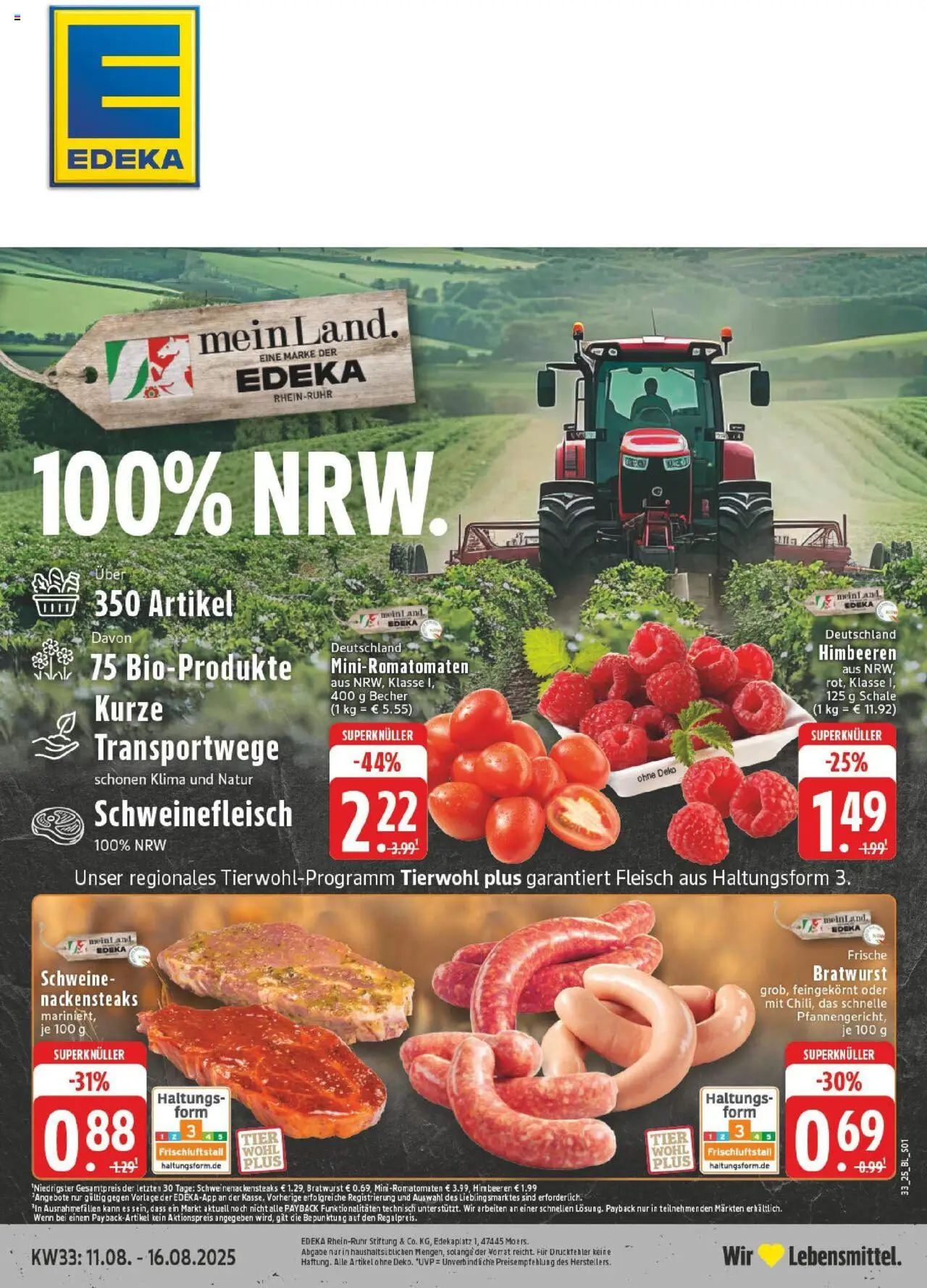 EDEKA Prospekt ab 11.08.2025 - Prospekt Wuppertal Online - Bratwurst, Himbeeren, Fleisch, Schweinefleisch, Nackensteaks